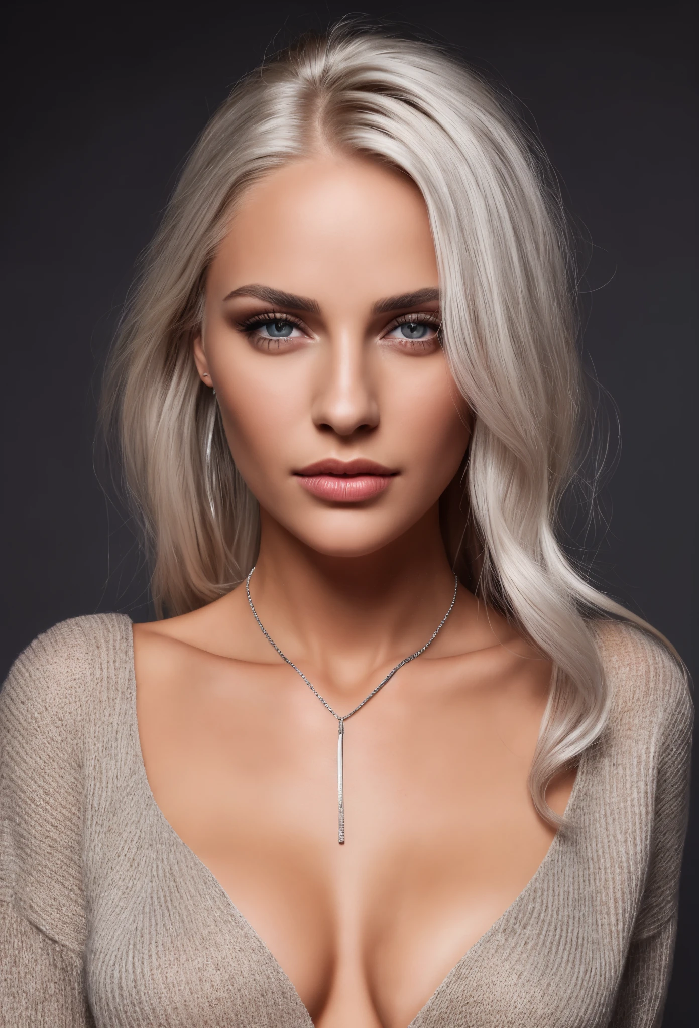 beautiful woman, black background, grey eyes, lips, long platinum blonde hair, tan skin, raw photo, skin details, realistic hair, perfect skin, cleavage, silver necklace, red sweater