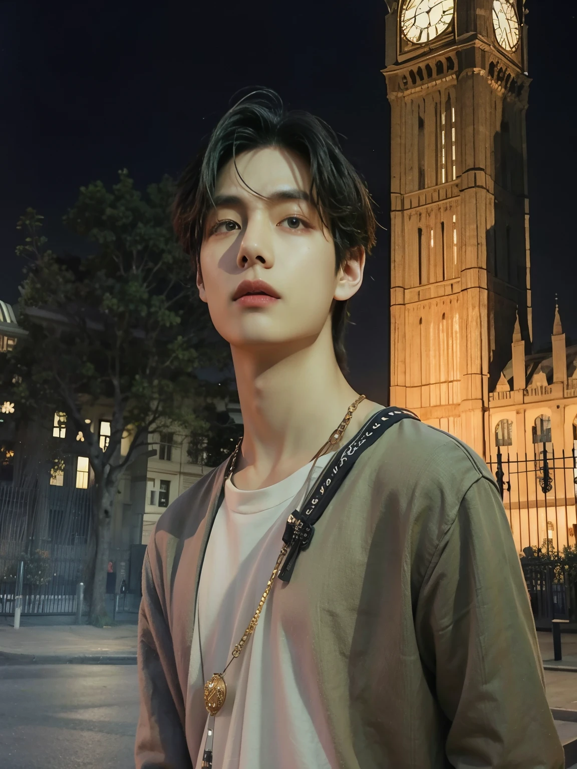 There is a man standing in front of a clock tower, kim taehyung, taehyung, rosto masculino coreano, homem atafiado, rosto coreano, kim taehyung, v do bts, taehyung do bts, ispirado em kim taehyung