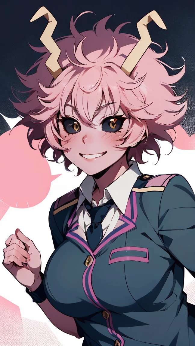 (best quality:1.3), (4k quality), 1 mature woman, Mina Ashido by boku no hero, school uniform, ((Detailed face)), (blush), whole body, large smile