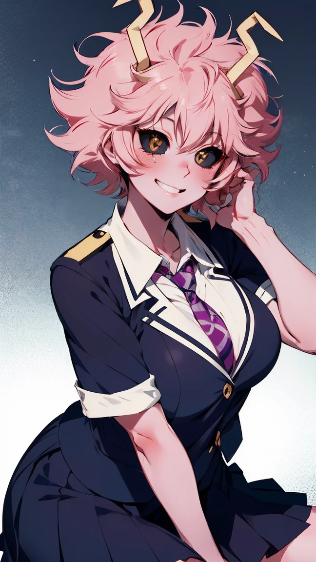 (best quality:1.3), (4k quality), 1 mature woman, Mina Ashido by boku no hero, school uniform, ((Detailed face)), (blush), whole body, large smile