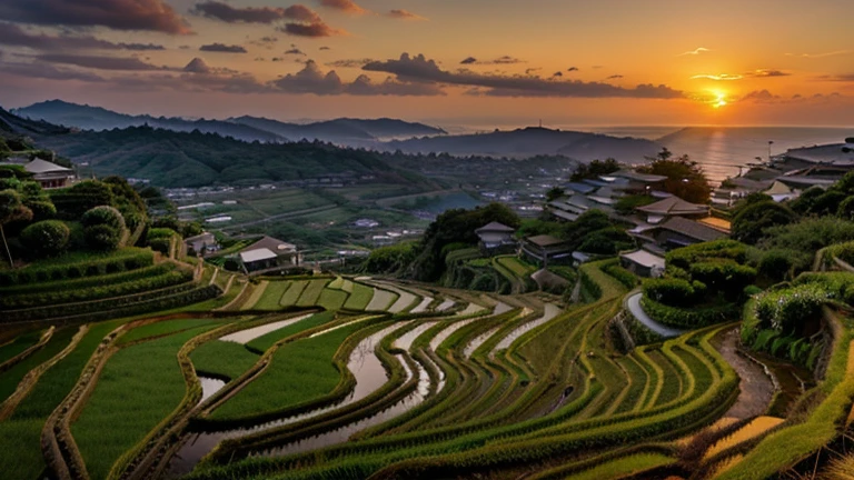 Rice Terraces Facing The Ocean, Hamanoura, Saga, Japan, seeing the sunset