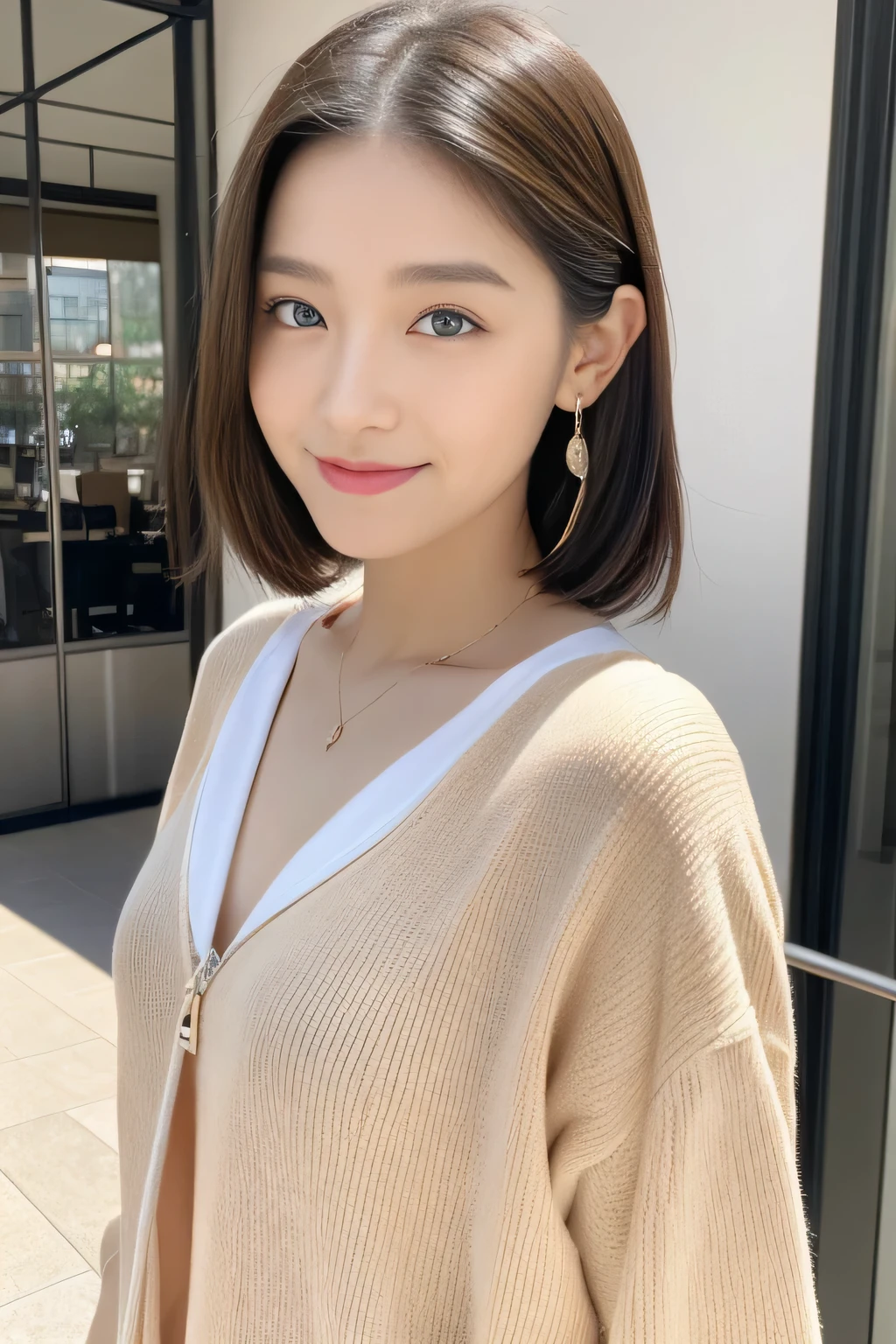 highest quality, 8K, masterpiece, Photoreal, realistic, 1 beautiful Japan woman, brick wall, slight smile, slim beauty, brown hair, gray knit shirt, long skirt, thin silver necklace, super detailed eyes, ((facing forward)), (view audience)
