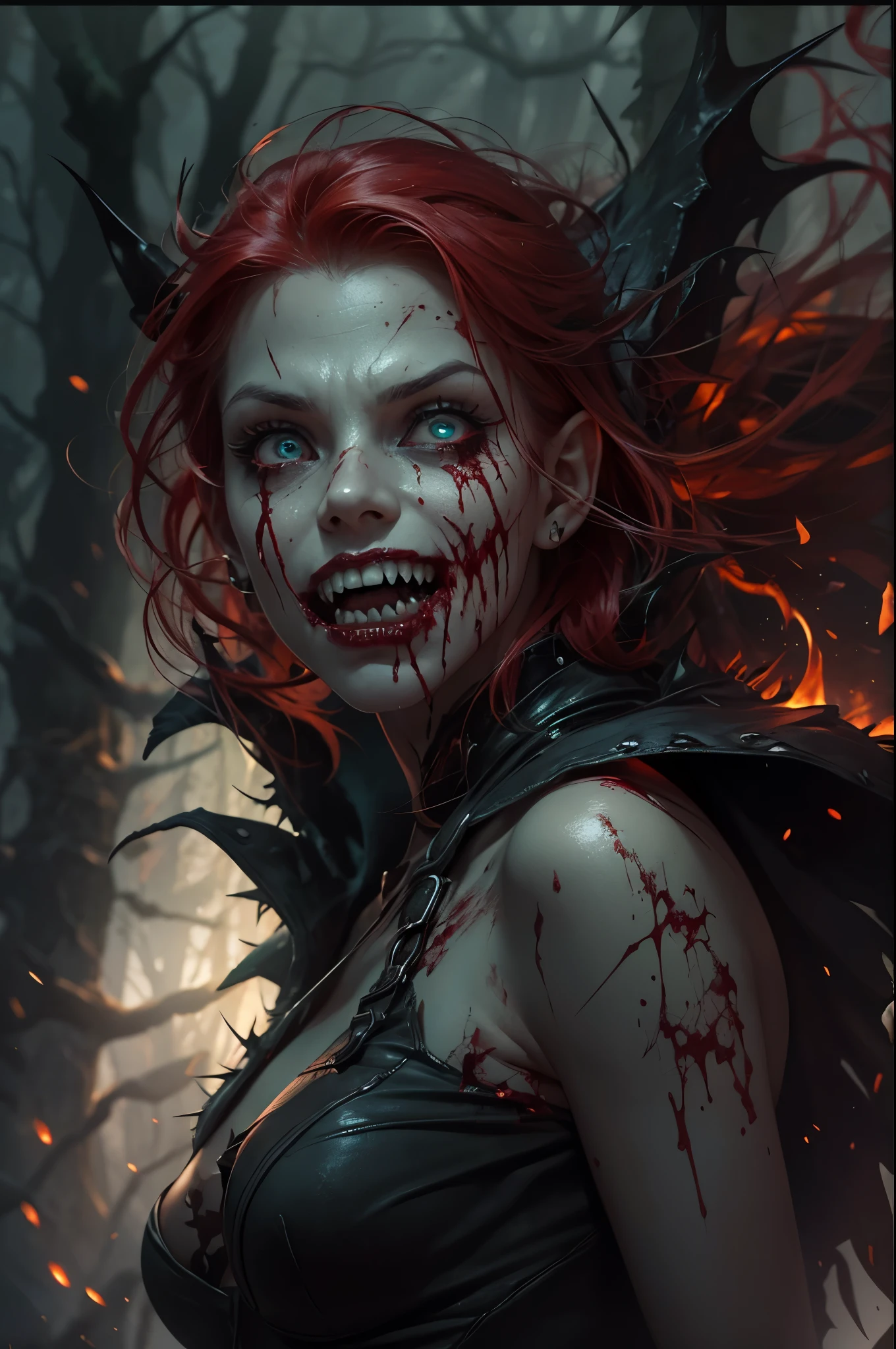 young adult woman,redhead,red hair,dark green eyes,venom,marvel,demon,half elf,scary,gory,(best quality,4k,8k,highres,masterpiece:1.2),ultra-detailed,(realistic,photorealistic,photo-realistic:1.37),fantasy,black and white,dark shadows,sharp contrasts,eerie lighting,evil smile,pale skin,fanged teeth,blood dripping,fierce expression,menacing figure,mystical atmosphere,haunting presence,mysterious background,enchanting forest,twilight setting,ominous glow,spiky black costume,sharp claws,horror aesthetic,gloomy ambiance,fire and smoke,lurking in the shadows,mesmerizing gaze,nightmare-inducing,creepy vibes,terrifying presence,alluring yet dangerous,vivid colors