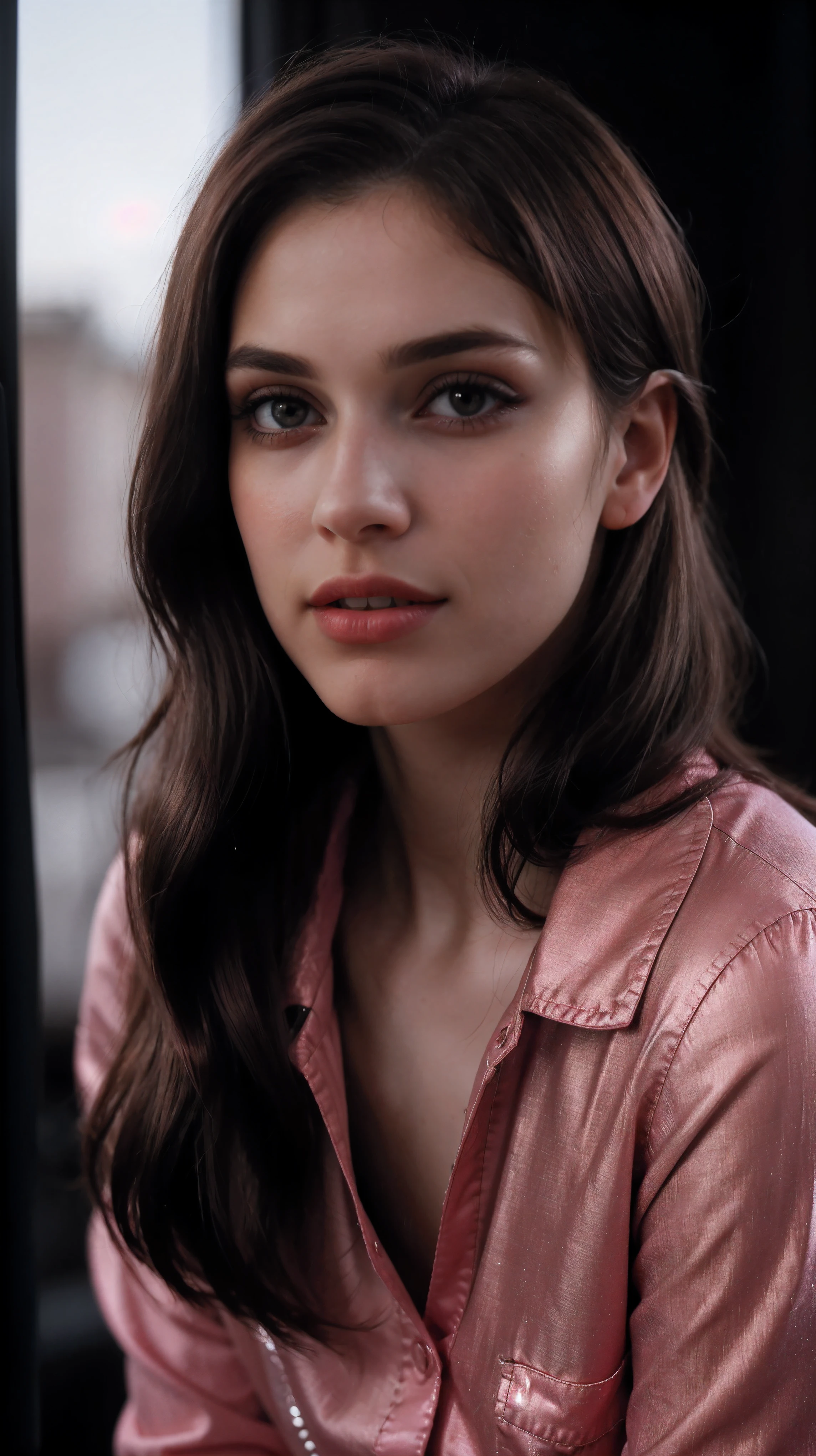 Boycut brown shining hair, (RAW photo), (realism: 1.8), (gloss red lipstick, many eyelashes, dark black eye shadow, shy, blushing, high quality, high resolution, depth of field, chromatic aberration, caustic, wide light, dark pink fair glossy skin, (21 year old woman), stylish college girl, transparent pink shirt-black jeans, lots of exposure, pose, visible 8k resolutions,