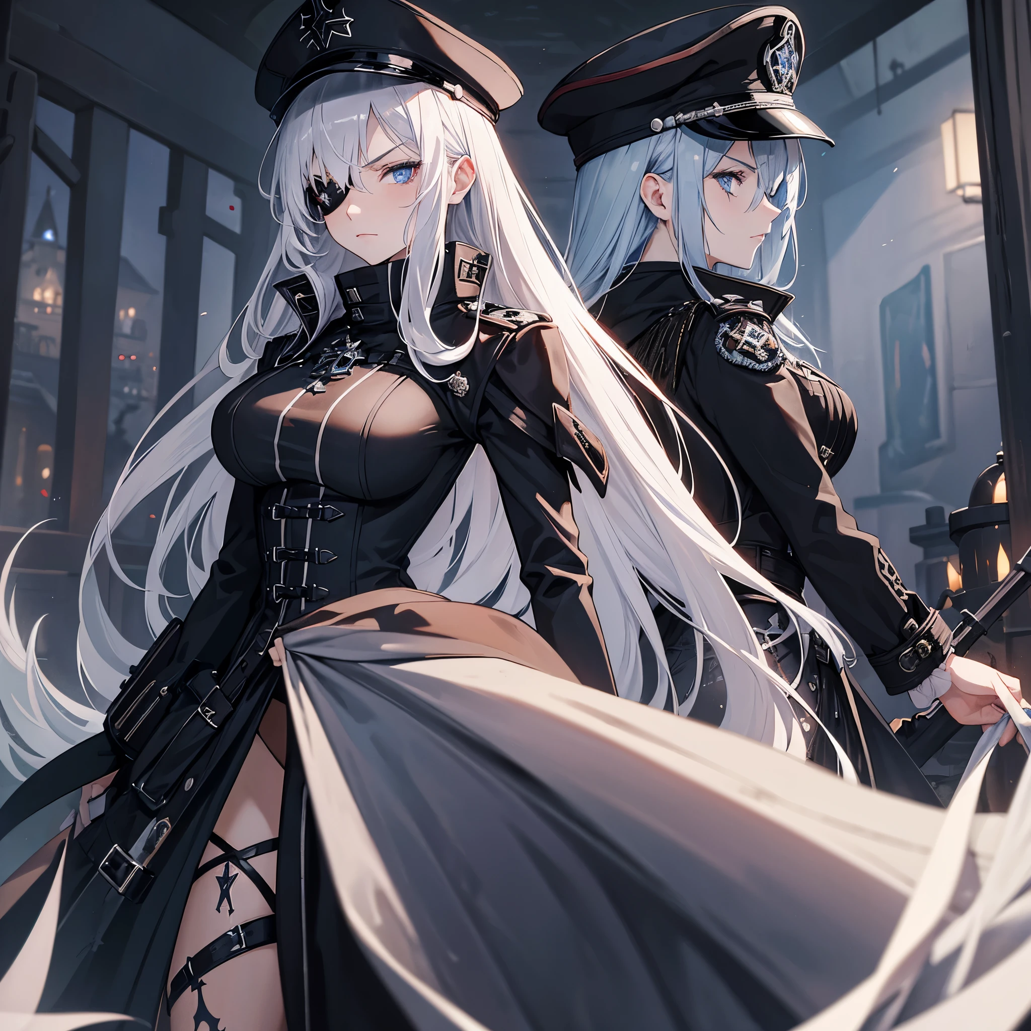 Beautiful woman, 1girl, long hair, grey purple hair, light purple eyes, military uniform, small breasts, black uniform, black skirt, black gloves, crossed arms