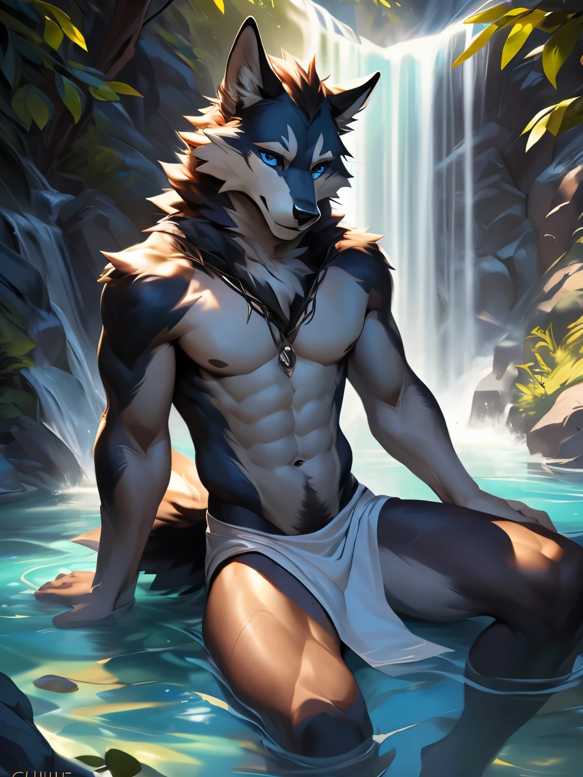 4k, high resolution, best quality, perfect colors, perfect shadows, perfect lighting, posted on e621, (by Chunie, by canyne khai, by t.y.starale), furry, Wolf anthro, solo, white fur, Blue eyes, (Realistic eye details 1.3), adventur, was bathing in the waterfall, Water depth up to the navel of the stomach, Soak in the lake, Wrap around a bath towel, Full body like, Slim body, V0id3nergy, Masterpiece, dramatic lighting, soft lighting, day, highly detail, Hair coiled, (Seductive look:1.2), fit body, perfect male figure, Detailed fur, Detailed face, Perfect face, Detailed background, ((Bonifasko lighting)), Wolf tail, (Detailed eyes), perfect pupils, detail eyes, detail fluffy fur, (seductive face:1.2), fit body, Looking at the camera, (Complex), (Super Detail), (Ultra Clear), (Best Quality)