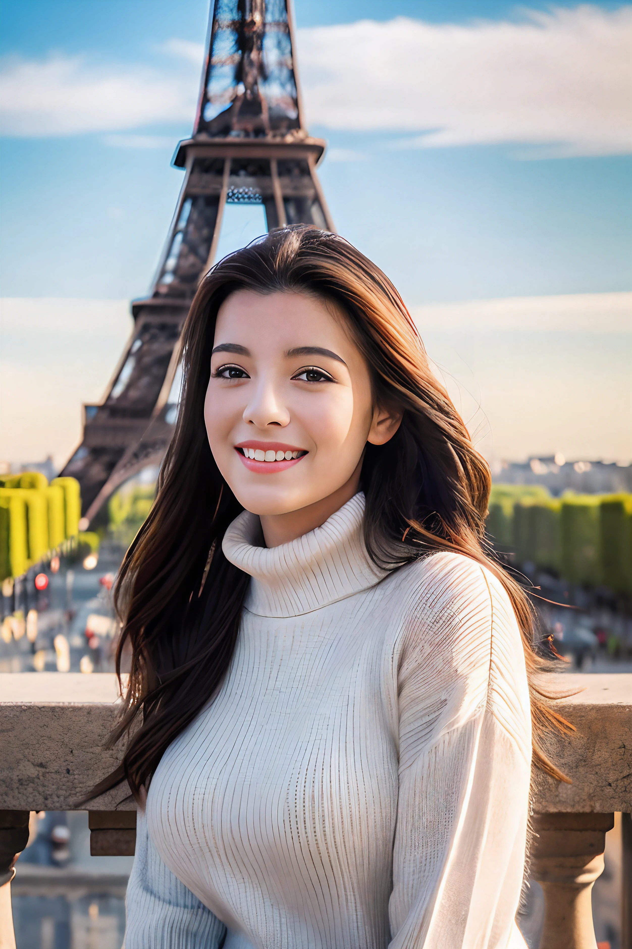 (8k, best quality, masterpiece:1.2),
(realistic, photo-realistic:1.37),
ultra-detailed,
1 girl, full body, Standing on the Paris city wearing turtleneck sweater and skinny jeans, with Eiffel Tower in the background,
cute,solo,
beautiful detailed sky,
(smile:1.15),(closed mouth),
small breasts,
beautiful detailed eyes,
(long hair:1.2),
floating hair NovaFrogStyle,