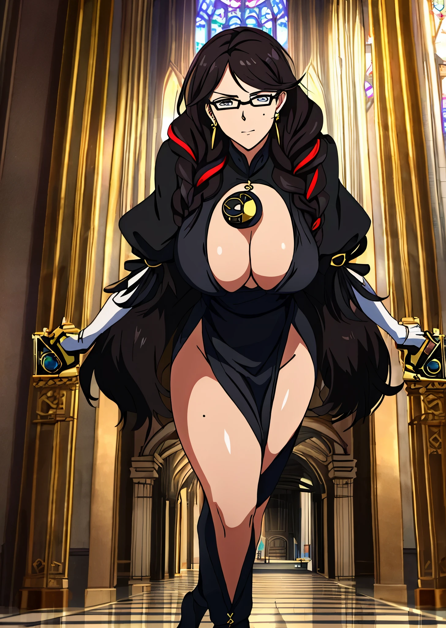 (masterpiece, best quality, ultra detailed, absurdres:1.5), 1girl, (sexy, beautiful woman, perfect face, perfect eyes, perfect female body, large breasts:1.5), (cereza, bayonetta, mole under mouth, glasses, weapon, mole, braid, gun, black hair, red hair, twin braids, gloves, multicolored hair, jewelry, streaked hair, long hair, earrings, clothing cutout, ), (standing, indoors, cathedral), perfect lighting, smooth, hdr