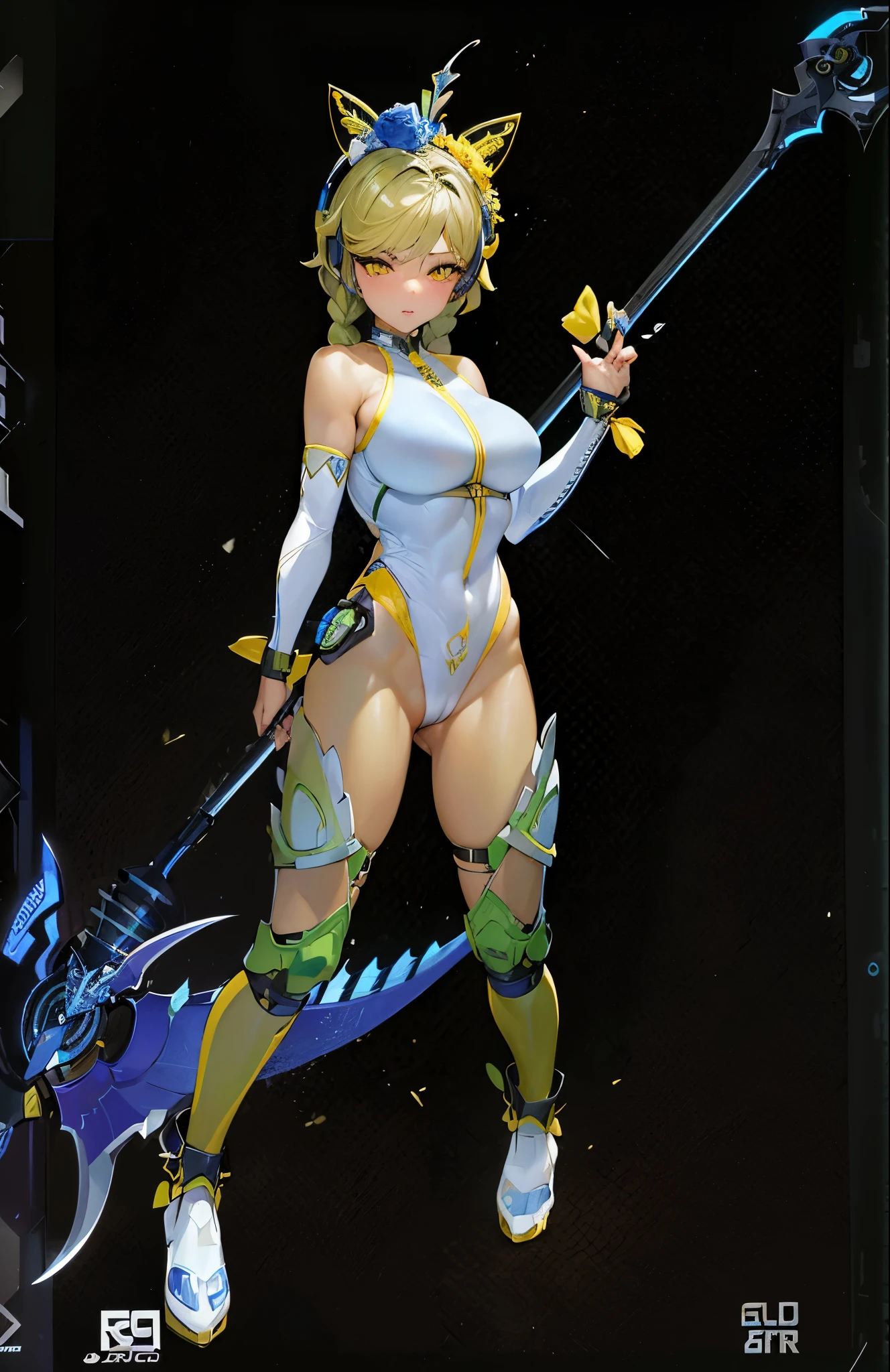 a close up of a woman in a costume holding a scythe, female, katana zero video game character, cyber suit, clothed in cyber armour, cyber fight armor, rogue anime girl, shy blush, wearing a thong, highheels, fullbodyshot, model pose, chocker, cameltoe, big ass, big thighs, toned body, detailed anatomy, anatomically correct, highcut leotard, highleg leotard, twin braids, braided hair, glossy lipstick, yellow eyes, highleg, g-string leotard, full body shot, high_res, high tension, stretched fabric, wedge, high_resolution, very_detailed, cameltoe, masterpiece, best quality, absurdres, highres, 4k, ray tracing, intricate details, highly detailed, big breasts, huge ass, full_body, ultra sexy, very high detail, detailed clothing, detailed textures, full body in shot, color harmony, pleasent colors, vibrant, cat earphones, yellow painted fingernails, yellow nailpolish, makeup, mascara, eyeliner, blue eyeshadow