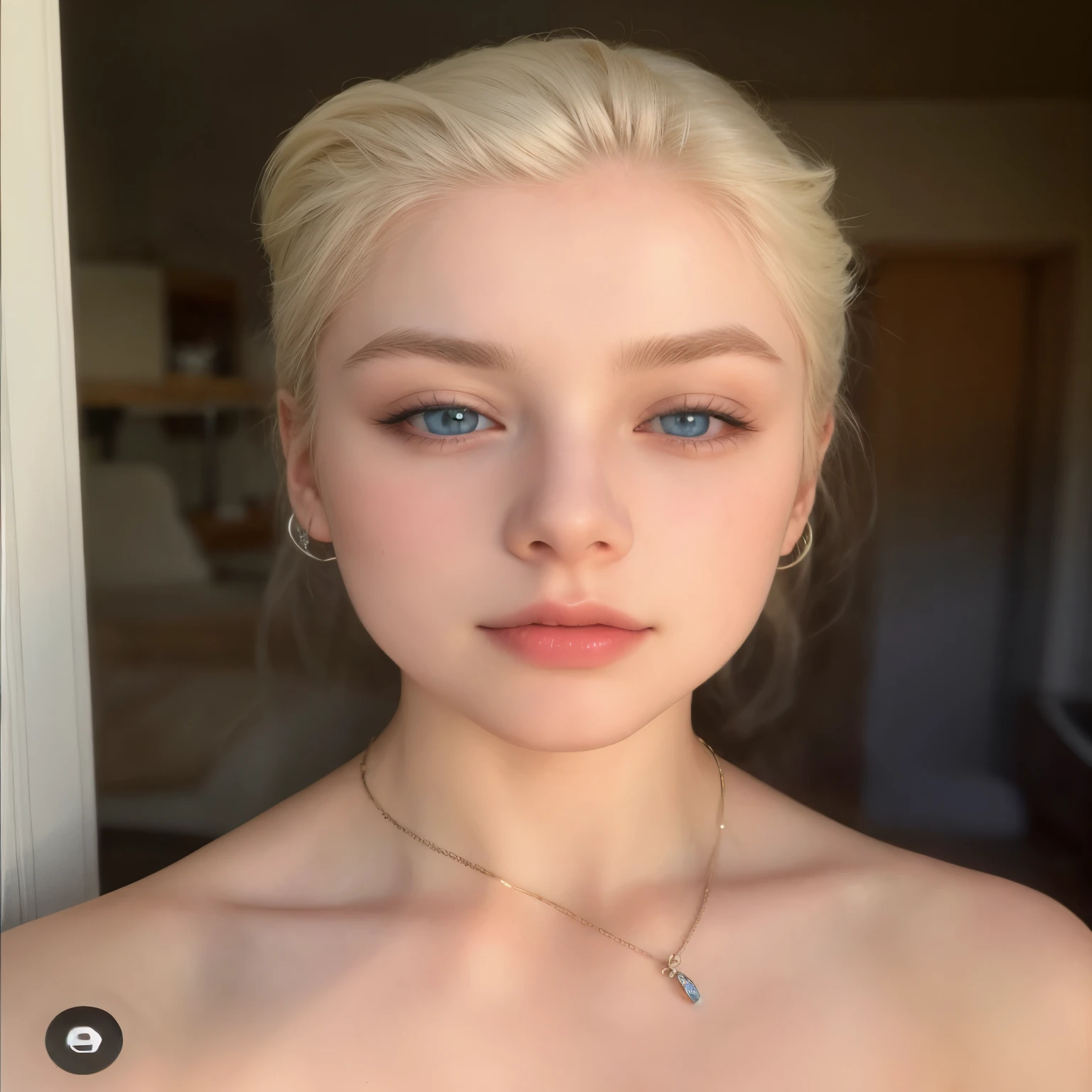 blonde woman with blue eyes and a necklace around her neck, com cabelo branco curto, androgynous face, pale and glowing skin, skin pale as ivory, extremely pale white skin, an epic non-binary model, smooth, pale, flawless skin, smooth and pale skin, very pale white skin, very very pale white skin, androgynous person, cabelo claro
