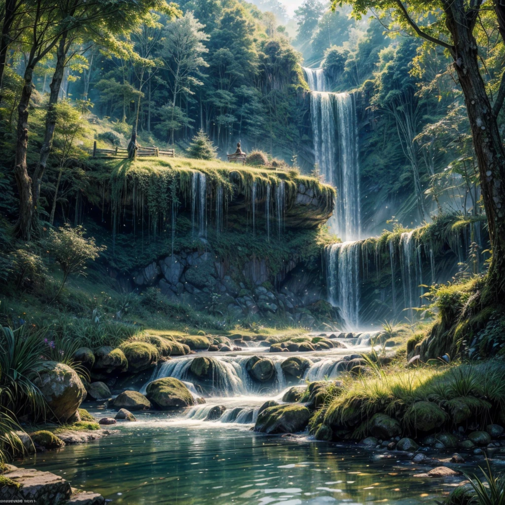 (best quality, highres, masterpiece:1.2), ultra-detailed, (realistic, photorealistic, photo-realistic:1.37), HDR, UHD, studio lighting, vivid colors, bokeh, fantasy elven farmer, sparkling magic, rice paddy, nature-inspired landscape, flowing river, lush greenery, ethereal glow, delicate rice stalks, intricate farmer's attire, magical creatures, peaceful serenity, glistening sunlight, mystical atmosphere, enchanted forest, ancient wisdom, vibrant harvest, traditional farming techniques