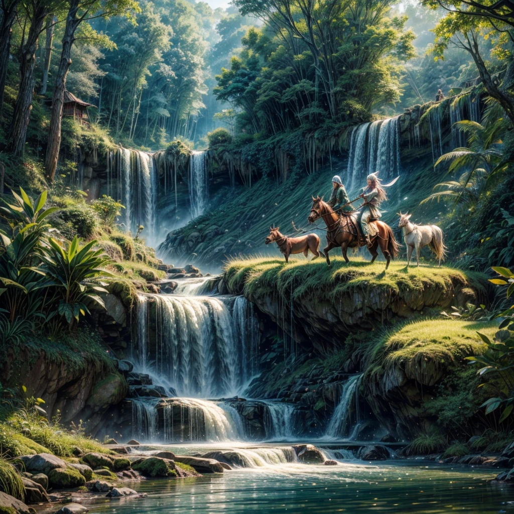 (best quality, highres, masterpiece:1.2), ultra-detailed, (realistic, photorealistic, photo-realistic:1.37), HDR, UHD, studio lighting, vivid colors, bokeh, fantasy elven farmer, sparkling magic, rice paddy, nature-inspired landscape, flowing river, lush greenery, ethereal glow, delicate rice stalks, intricate farmer's attire, magical creatures, peaceful serenity, glistening sunlight, mystical atmosphere, enchanted forest, ancient wisdom, vibrant harvest, traditional farming techniques