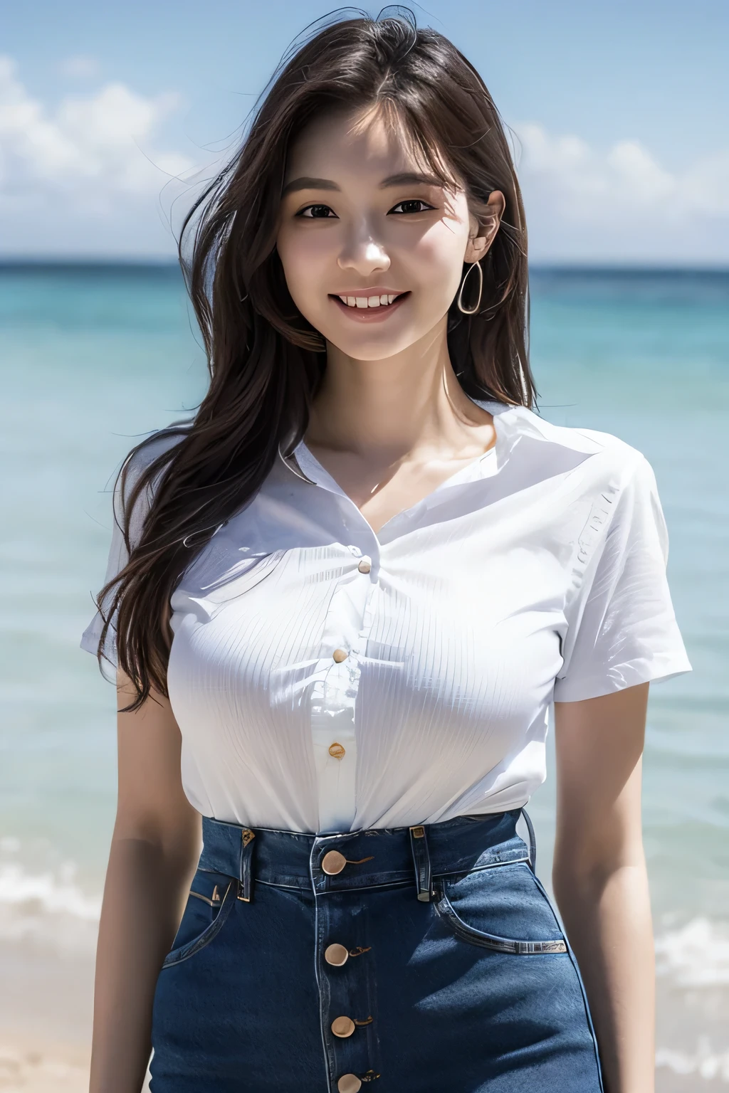 Highly detailed CG Unity 8k wallpaper, highest quality, Super detailed, masterpiece, realistic, photorealistic, Highly detailed cute girl, 25 years old, (mini skirt denim:1.3),
(white shirt for upper body only:1.3) , smile, parted lips, round eyes, big breasts, viewer, full body shot , beach , up hair
