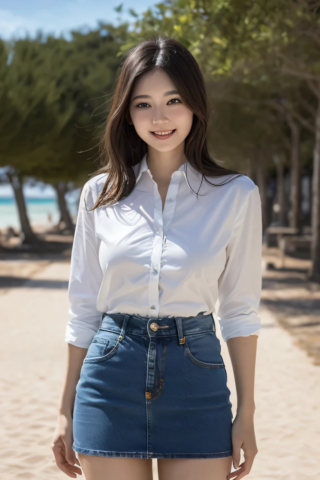 photorealistic, solo, beautiful Japan woman, oversized casual shirt, denim pants, natural figure, white skin, sweet smile, unset rough hairstyle, soft sunlight in the morning, morning park, (((sexual seduction)), (((irrepressible libido)))), professional photographer, shallow depth of field, lens flare,