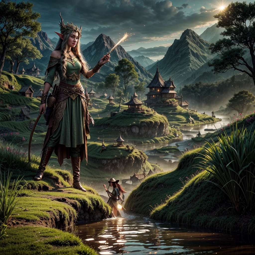 (best quality, highres, masterpiece:1.2), ultra-detailed, (realistic, photorealistic, photo-realistic:1.37), HDR, UHD, studio lighting, vivid colors, bokeh, fantasy elven farmer, sparkling magic, rice paddy, nature-inspired landscape, flowing river, lush greenery, ethereal glow, delicate rice stalks, intricate farmer's attire, magical creatures, peaceful serenity, glistening sunlight, mystical atmosphere, enchanted forest, ancient wisdom, vibrant harvest, traditional farming techniques