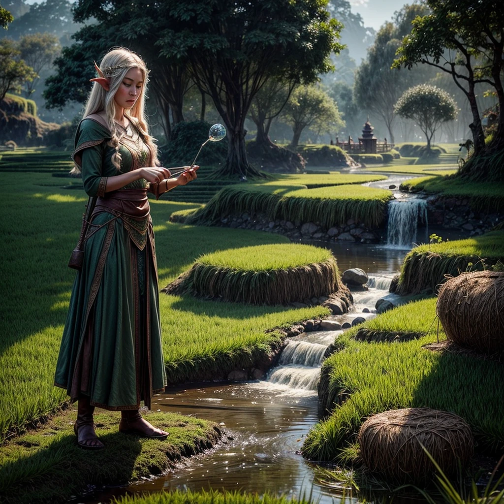 (best quality, highres, masterpiece:1.2), ultra-detailed, (realistic, photorealistic, photo-realistic:1.37), HDR, UHD, studio lighting, vivid colors, bokeh, fantasy elven farmer, sparkling magic, rice paddy, nature-inspired landscape, flowing river, lush greenery, ethereal glow, delicate rice stalks, intricate farmer's attire, magical creatures, peaceful serenity, glistening sunlight, mystical atmosphere, enchanted forest, ancient wisdom, vibrant harvest, traditional farming techniques