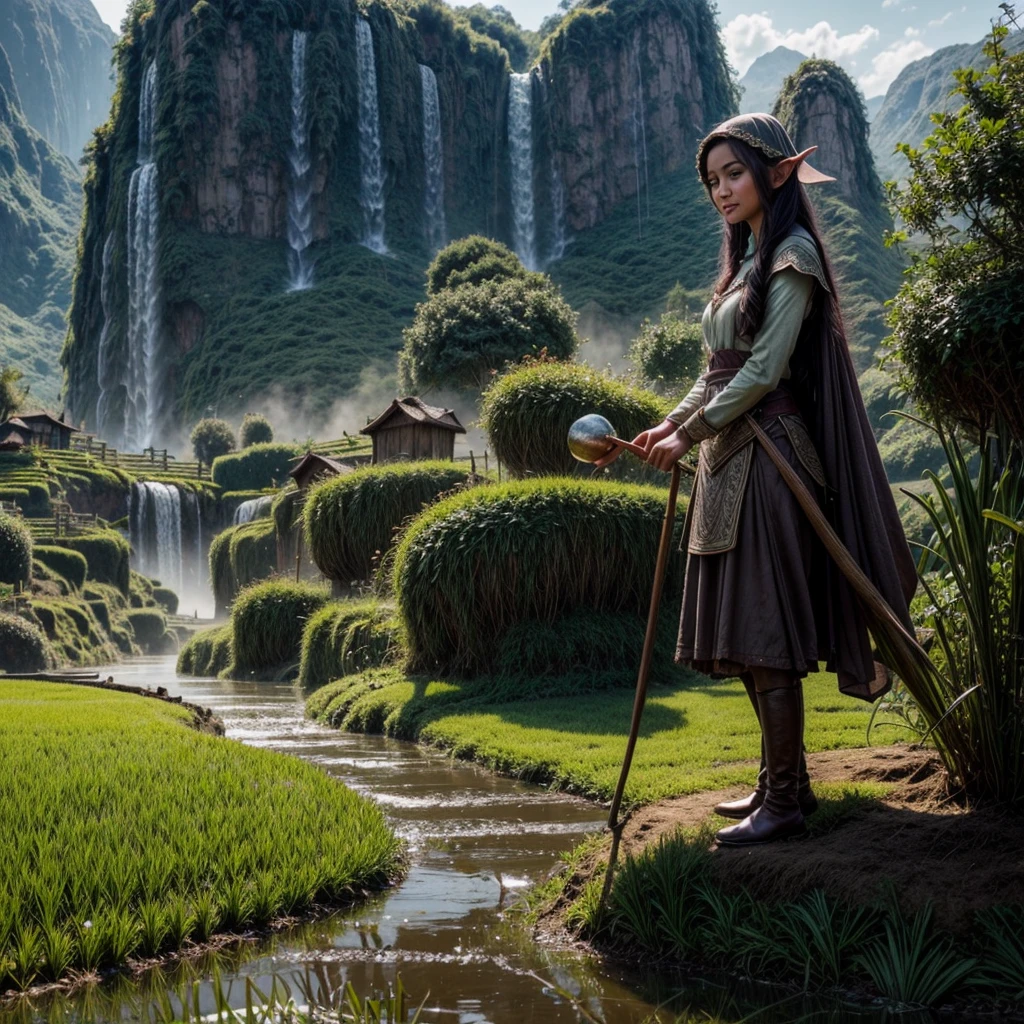 Fantasy Elven Farmer, tending her rice paddy using sparkling magic