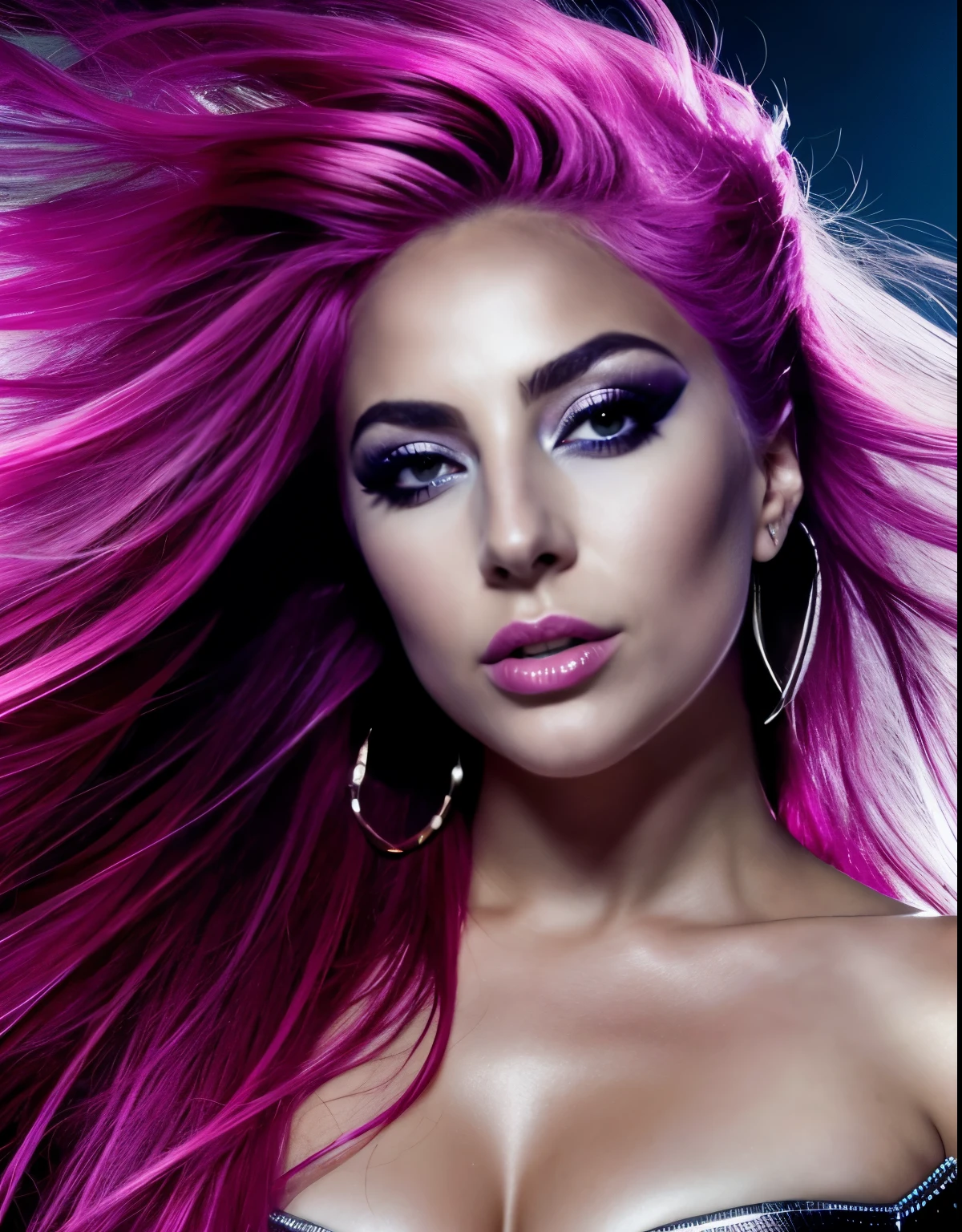 Lady gaga photo, 4K texture, long hair, high quality, futuristic background, extravagant hairstyle, album cover