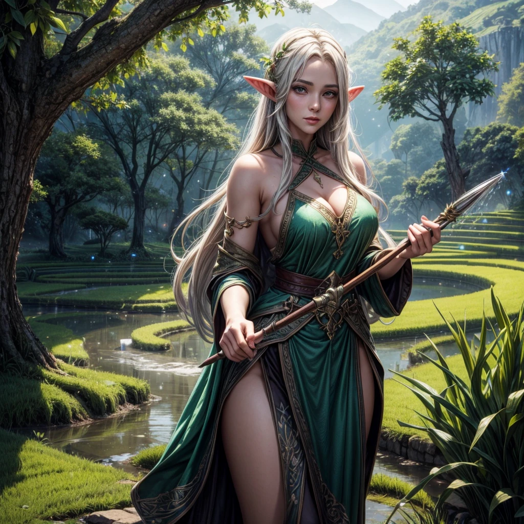Fantasy Elven Farmer, tending her rice paddy using sparkling magic