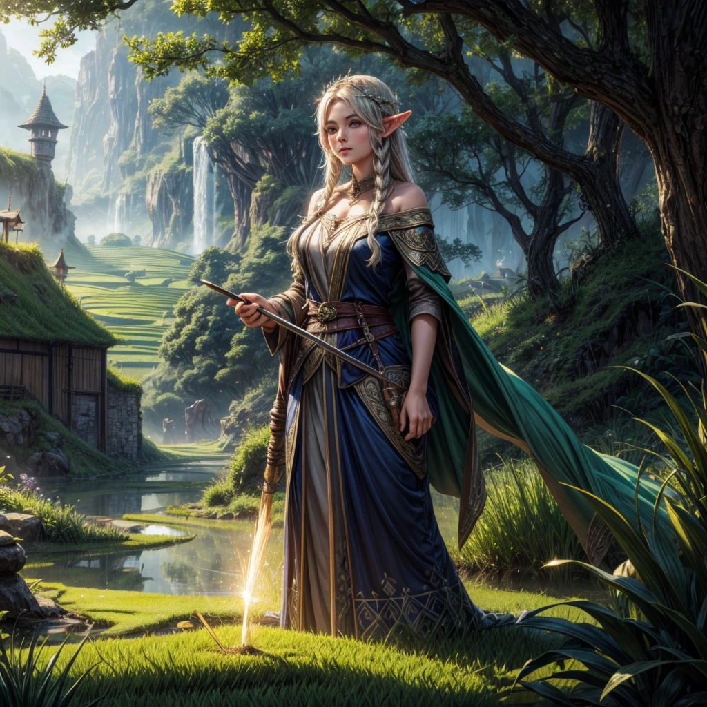 Fantasy Elven Farmer, tending her rice paddy using sparkling magic
