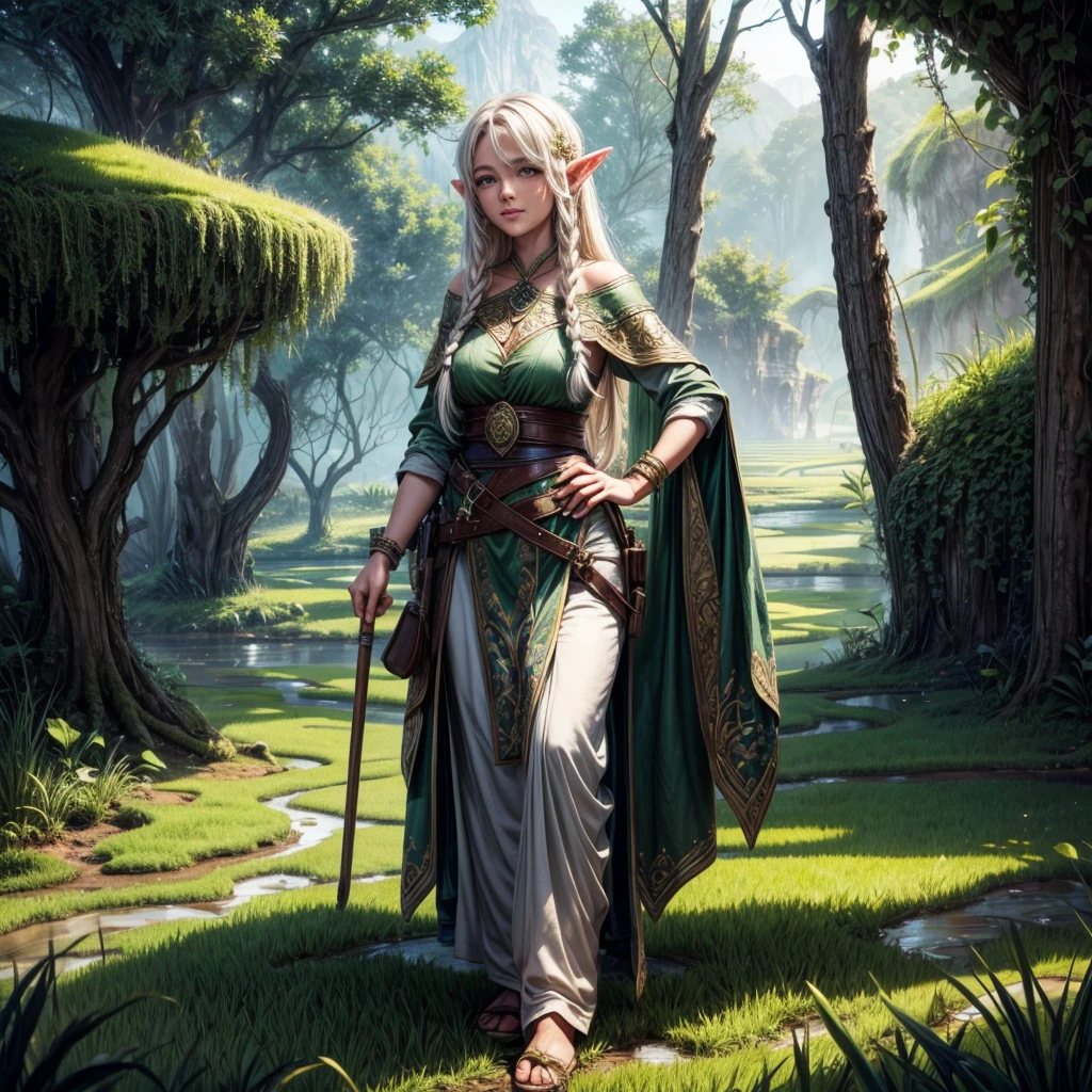 (best quality, highres, masterpiece:1.2), ultra-detailed, (realistic, photorealistic, photo-realistic:1.37), HDR, UHD, studio lighting, vivid colors, bokeh, fantasy elven farmer, sparkling magic, rice paddy, nature-inspired landscape, flowing river, lush greenery, ethereal glow, delicate rice stalks, intricate farmer's attire, magical creatures, peaceful serenity, glistening sunlight, mystical atmosphere, enchanted forest, ancient wisdom, vibrant harvest, traditional farming techniques