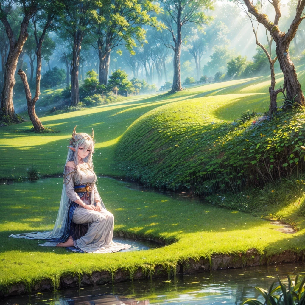 (best quality, highres, masterpiece:1.2), ultra-detailed, (realistic, photorealistic, photo-realistic:1.37), HDR, UHD, studio lighting, vivid colors, bokeh, fantasy elven farmer, sparkling magic, rice paddy, nature-inspired landscape, flowing river, lush greenery, ethereal glow, delicate rice stalks, intricate farmer's attire, magical creatures, peaceful serenity, glistening sunlight, mystical atmosphere, enchanted forest, ancient wisdom, vibrant harvest, traditional farming techniques