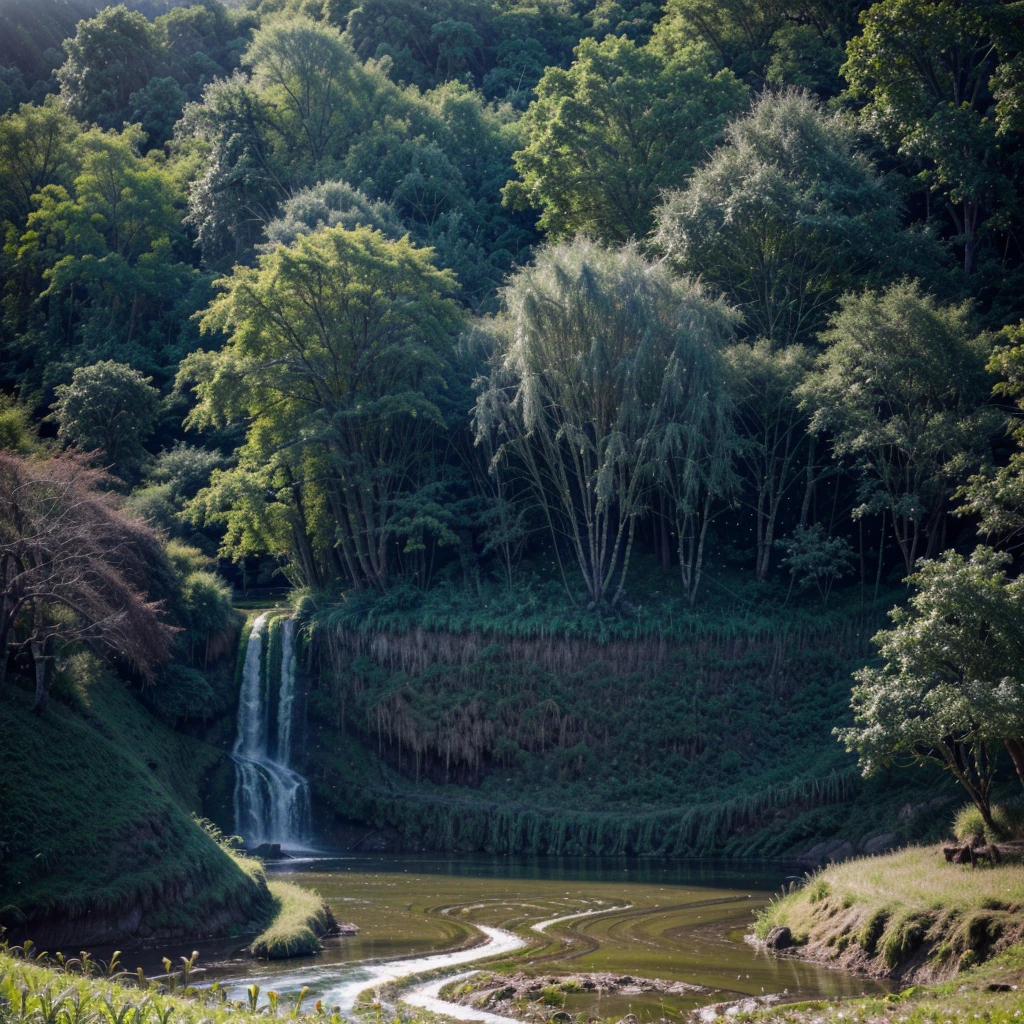 (best quality, highres, masterpiece:1.2), ultra-detailed, (realistic, photorealistic, photo-realistic:1.37), HDR, UHD, studio lighting, vivid colors, bokeh, fantasy elven farmer, sparkling magic, rice paddy, nature-inspired landscape, flowing river, lush greenery, ethereal glow, delicate rice stalks, intricate farmer's attire, magical creatures, peaceful serenity, glistening sunlight, mystical atmosphere, enchanted forest, ancient wisdom, vibrant harvest, traditional farming techniques