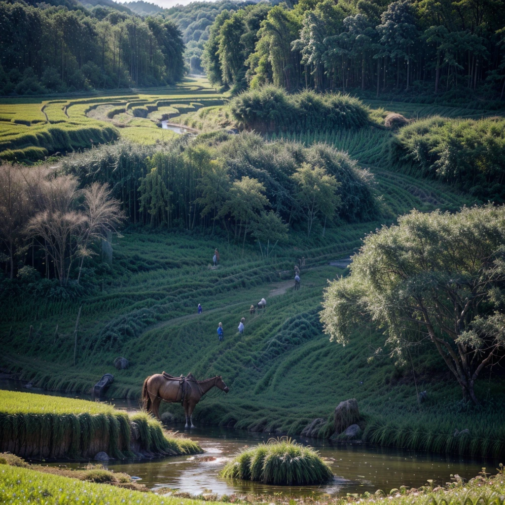 (best quality, highres, masterpiece:1.2), ultra-detailed, (realistic, photorealistic, photo-realistic:1.37), HDR, UHD, studio lighting, vivid colors, bokeh, fantasy elven farmer, sparkling magic, rice paddy, nature-inspired landscape, flowing river, lush greenery, ethereal glow, delicate rice stalks, intricate farmer's attire, magical creatures, peaceful serenity, glistening sunlight, mystical atmosphere, enchanted forest, ancient wisdom, vibrant harvest, traditional farming techniques