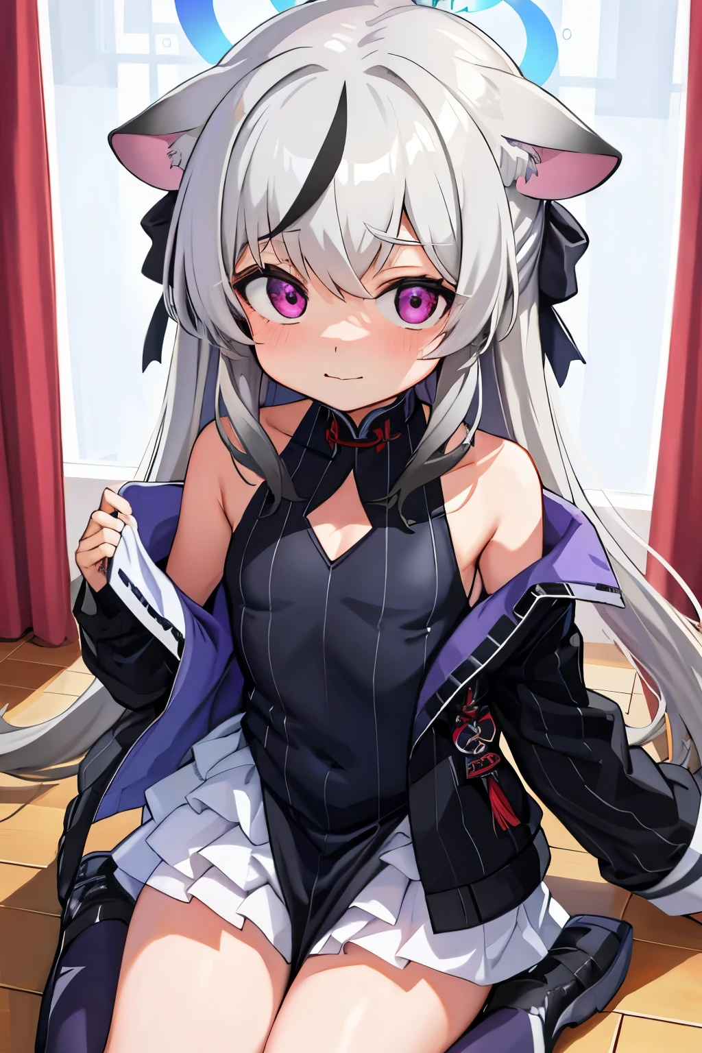 tmasterpiece, best qualtiy, ultra - detailed, 1girll,Gray hair Kokona, inside in room, Purple eye, :3,the face closeup cleavage, Winter suit, winter wonder