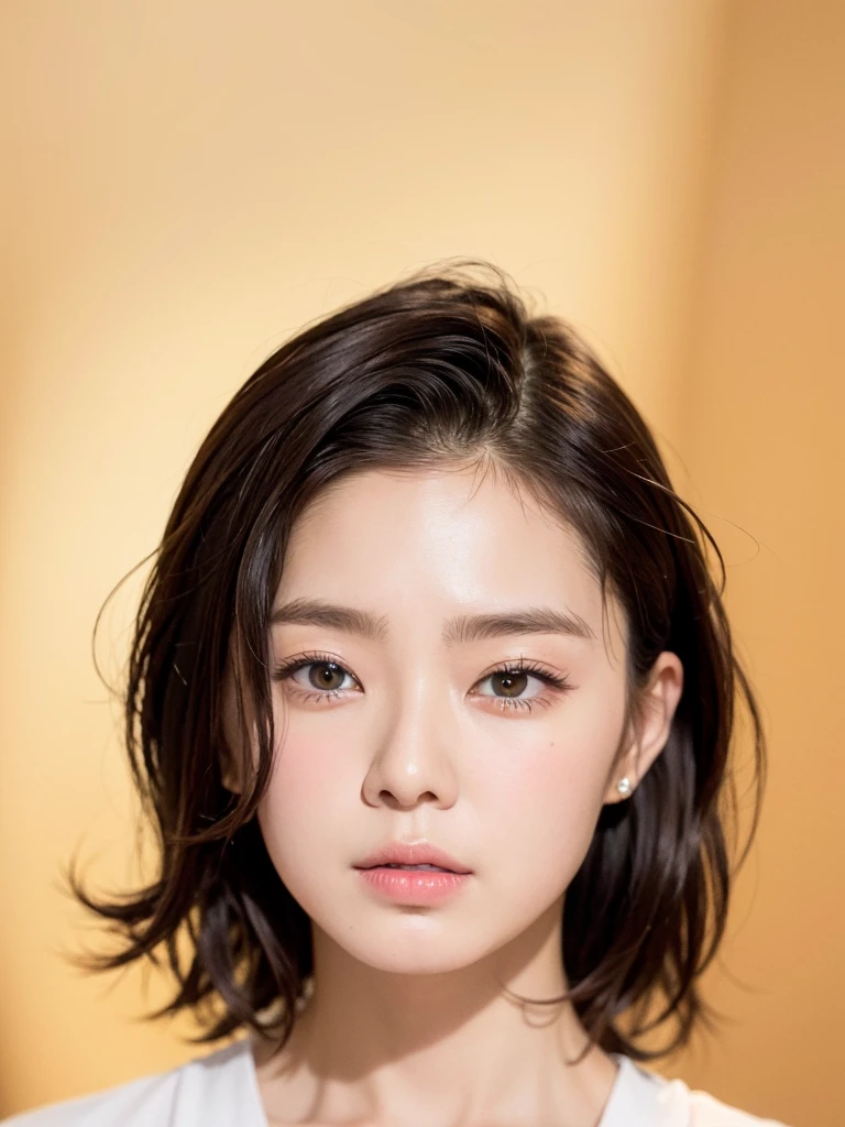 One wearing a white shirt、Brown haired lady posing for photo, Korean symmetrical face, 年輕cute korean face, short hair, Korean facial features, Young cute asian face, Korean popular makeup, small face, Korean popular makeup, cute korean face, round face, Gorgeous face portrait, beautiful korean woman, Cute and delicate face