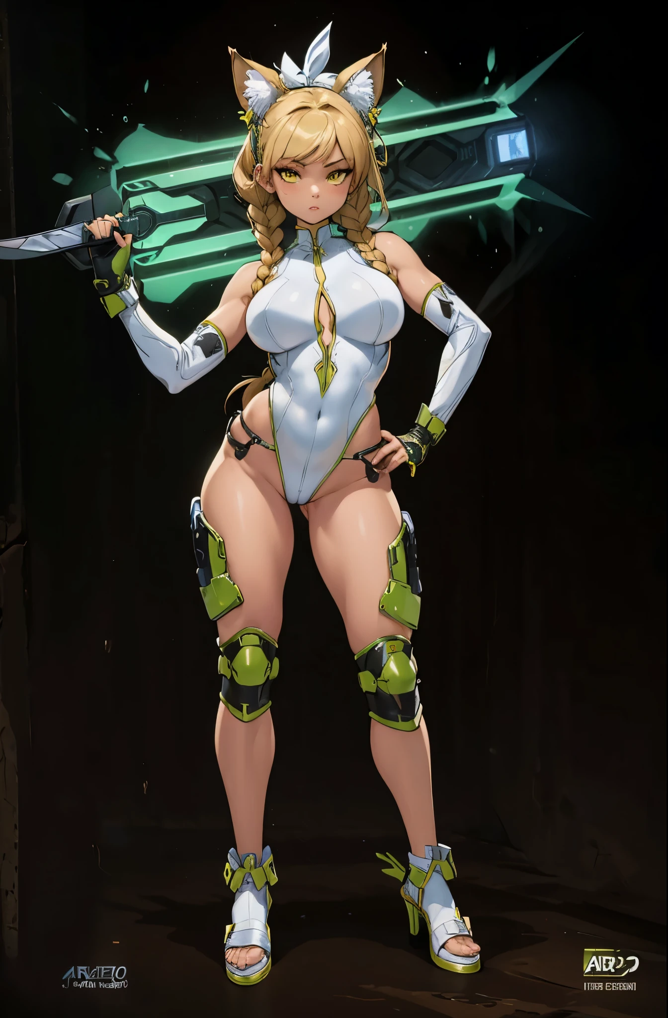 a close up of a woman in a costume holding a sword, female, katana zero video game character, cyber suit, clothed in cyber armour, cyber fight armor, rogue anime girl, shy blush, wearing a thong, highheels, fullbodyshot, model pose, chocker, cameltoe, big ass, big thighs, toned body, detailed anatomy, anatomically correct, highcut leotard, highleg leotard, twin braids, braided hair, glossy lipstick, yellow eyes, highleg, g-string leotard, full body shot, high_res, high tension, stretched fabric, wedge, high_resolution, very_detailed, cameltoe, masterpiece, best quality, absurdres, highres, 4k, ray tracing, intricate details, highly detailed, big breasts, huge ass, full_body, ultra sexy, very high detail, detailed clothing, detailed textures, full body in shot, color harmony, pleasent colors, vibrant, cat earphones,