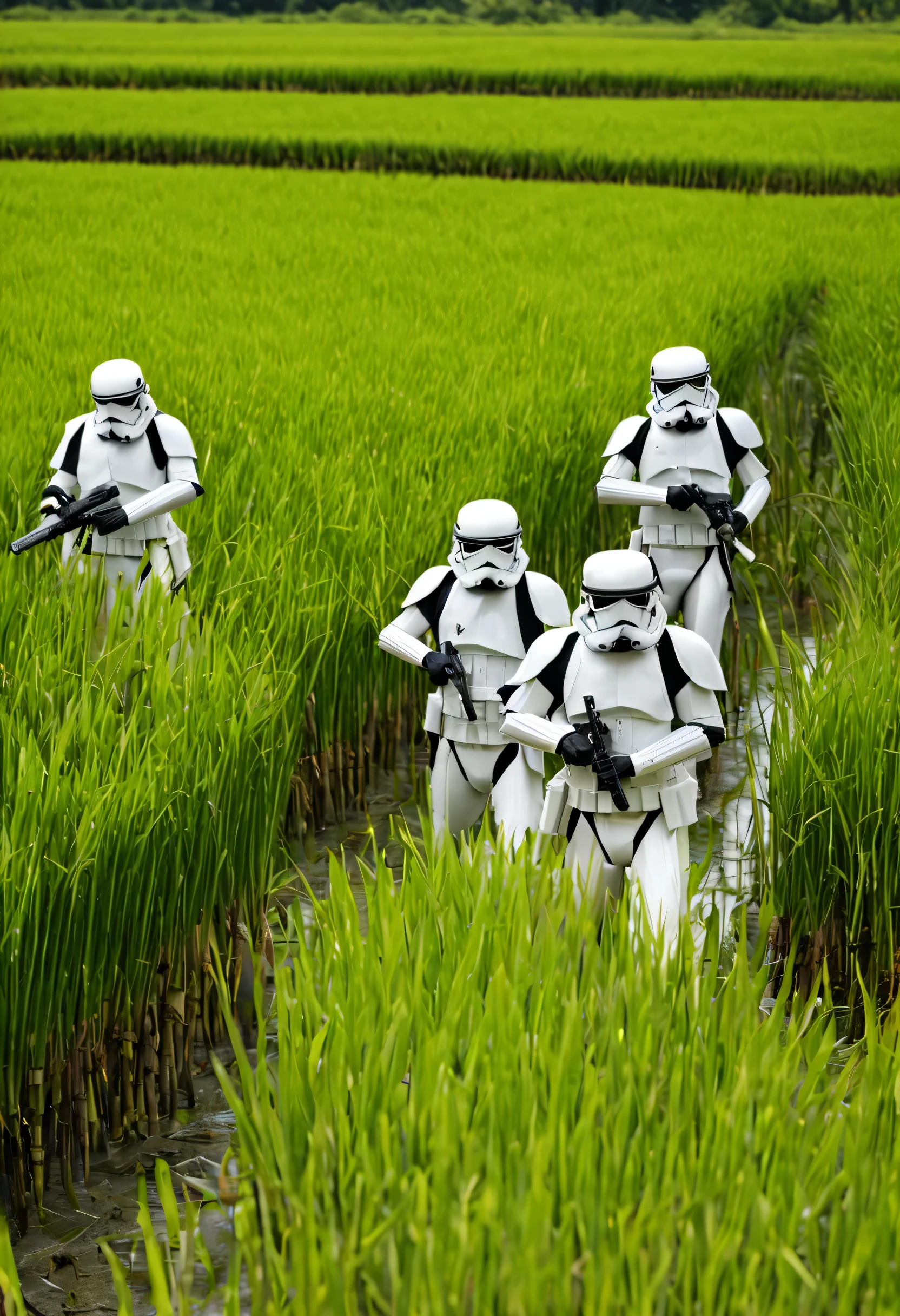 Star Wars setting, Storm Troopers sweep a Rice Paddy looking for an escaped Jedi. The farmers cower in fear