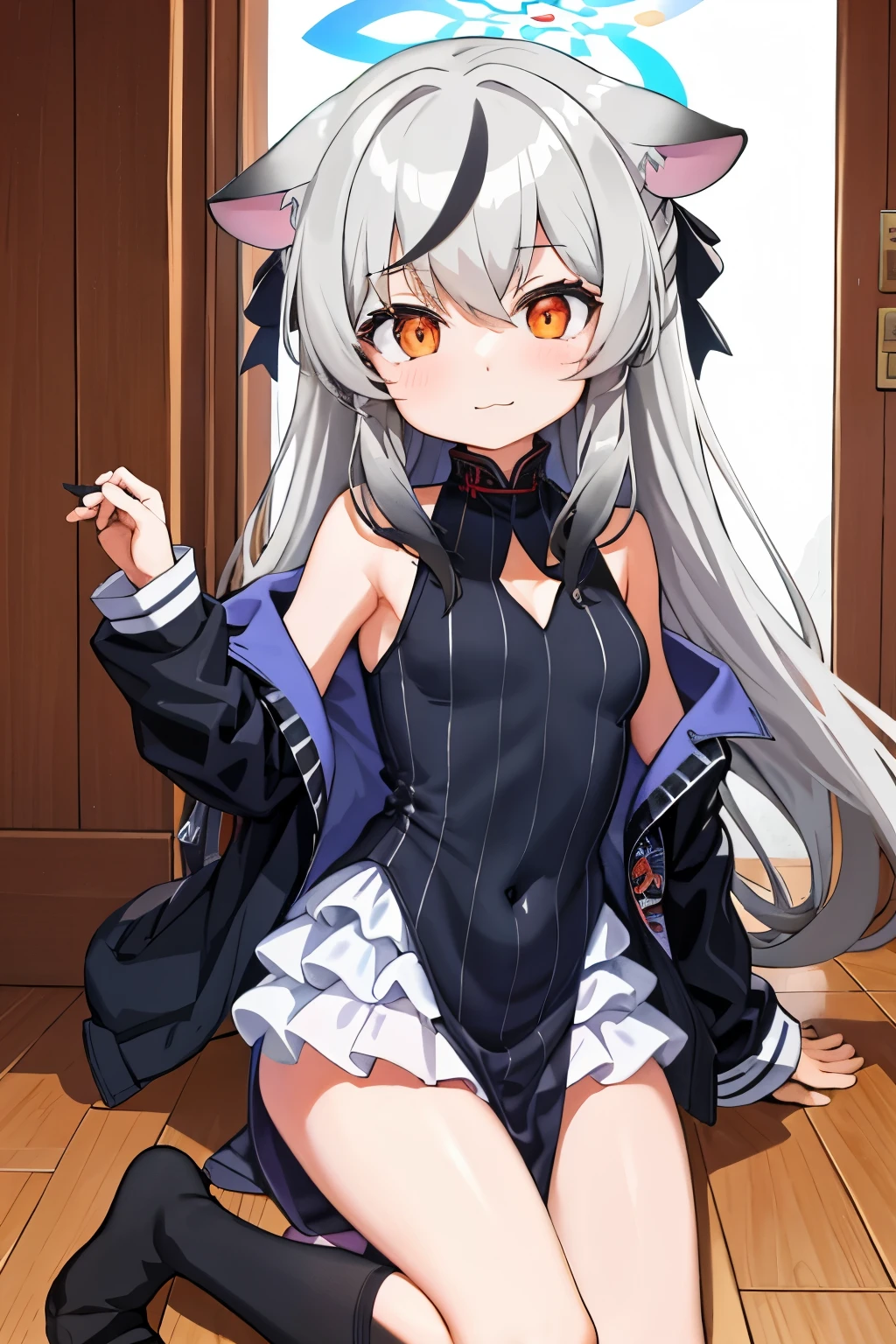 tmasterpiece, best qualtiy, ultra - detailed, 1girll,Gray hair Kokona, inside in room, Orange eye, :3,the face, closeup cleavage, Winter suit, winter wonder