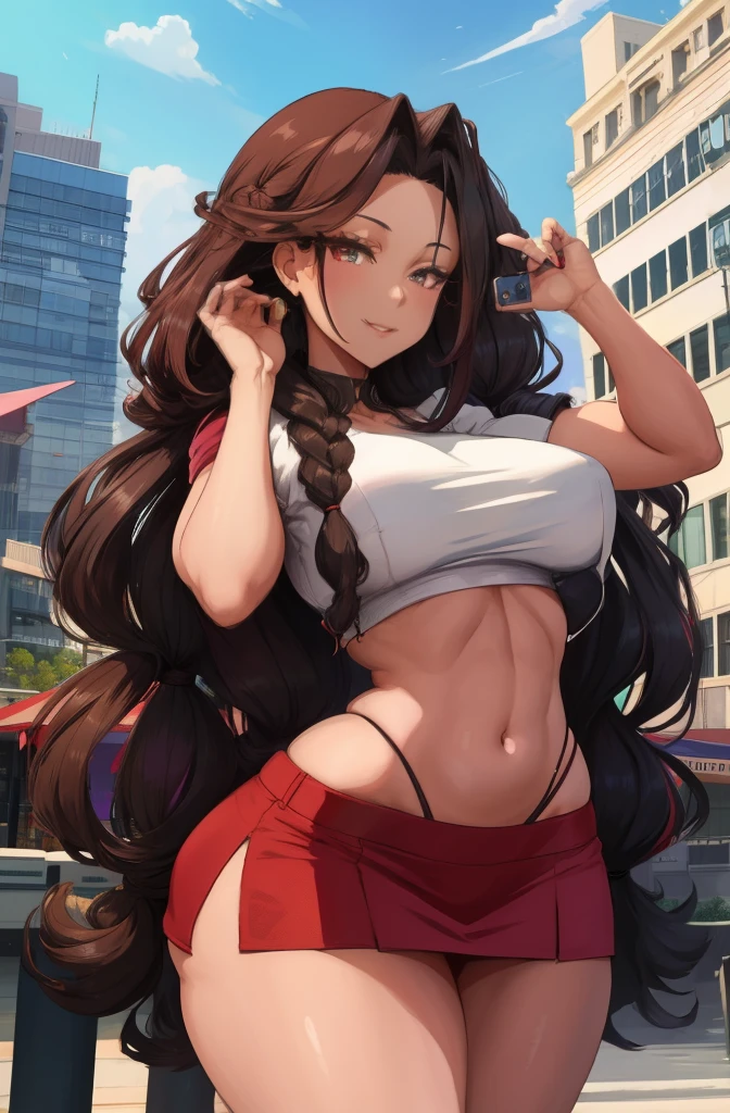 anime, 28 year old woman, taking a selfie, mischievous smile, long hair, dark hair color, stylish hairstyle, side hair long lush hair, long curls of hair pulled to the sides, Braids within the hair, curvy body, proportional body, sexy girl, beautiful mature girl, lovable character, crop top, short skirt, clarity, detailed, detailed face, very detailed drawing, smile, flirty look, city background,  saturated background, perfect composition, soft natural volumetric cinematic perfect light, masterpiece