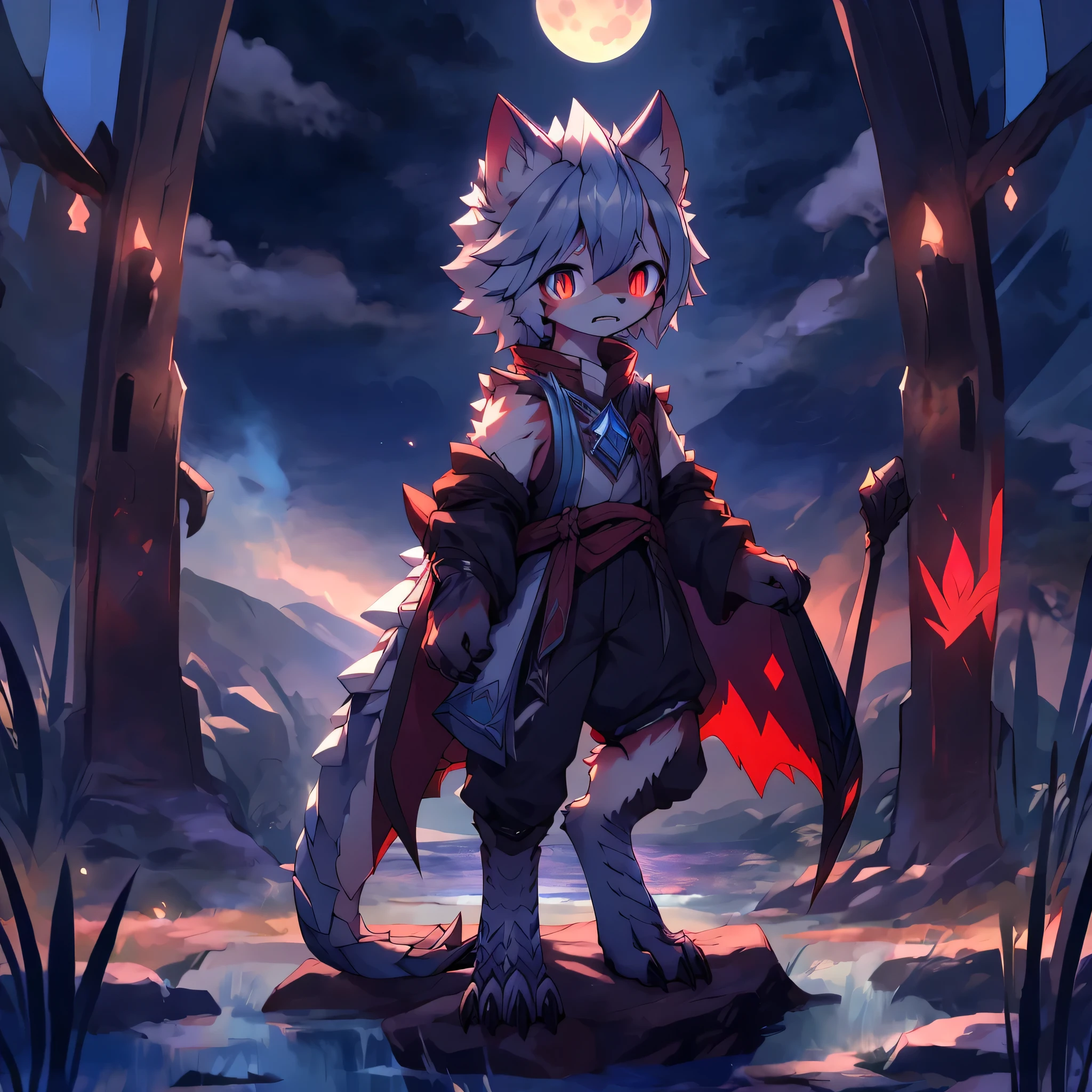 luna boy, Shota, monster hunter, bite, Transformation中期, Transformation, stamp, moon, Dragon and wolf hybrid,ice cold, digital level, silver hair, red vertical pupils, standing posture, ultra high definition, masterpiece, precise, anatomically correct, high detail, best quality, 8k, high resolution, soft lines