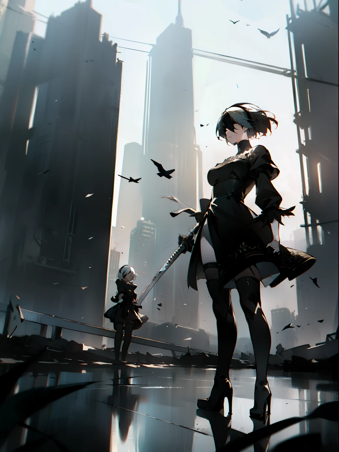 masterpiece, best quality, detailed face, extremely detailed, yorha no. 2 type b, 1girl, solo, absurdres, 8k, black blindfold, black dress, black hairband, blindfold, eye highlights blue sky, boots, building, city, cloud, covered eyes, debris, dress, feather-trimmed sleeves, feather trim, from below, gloves, grass, hairband, high heel boots, high heels, highres, juliet sleeves, katana, leather, leather boots, long sleeves, nier \(series\), nier automata, outdoors, overgrown, pod \(nier automata\), post-apocalypse, puddle, puffy sleeves, rubble, ruins, scenery, sky, thigh boots, thighhighs, thighhighs under boots, water