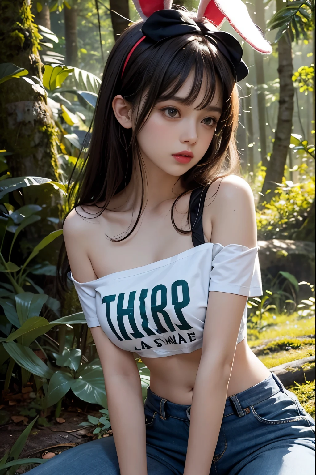 Hair bang, bunny ears headband, ideal tits, hat, Off shoulder, cropped tied t-shirts with text printed, stomach, Short pants, legs, (forest background), vibrant colours, studio lights, gentle lights, dim light, 3D animation
