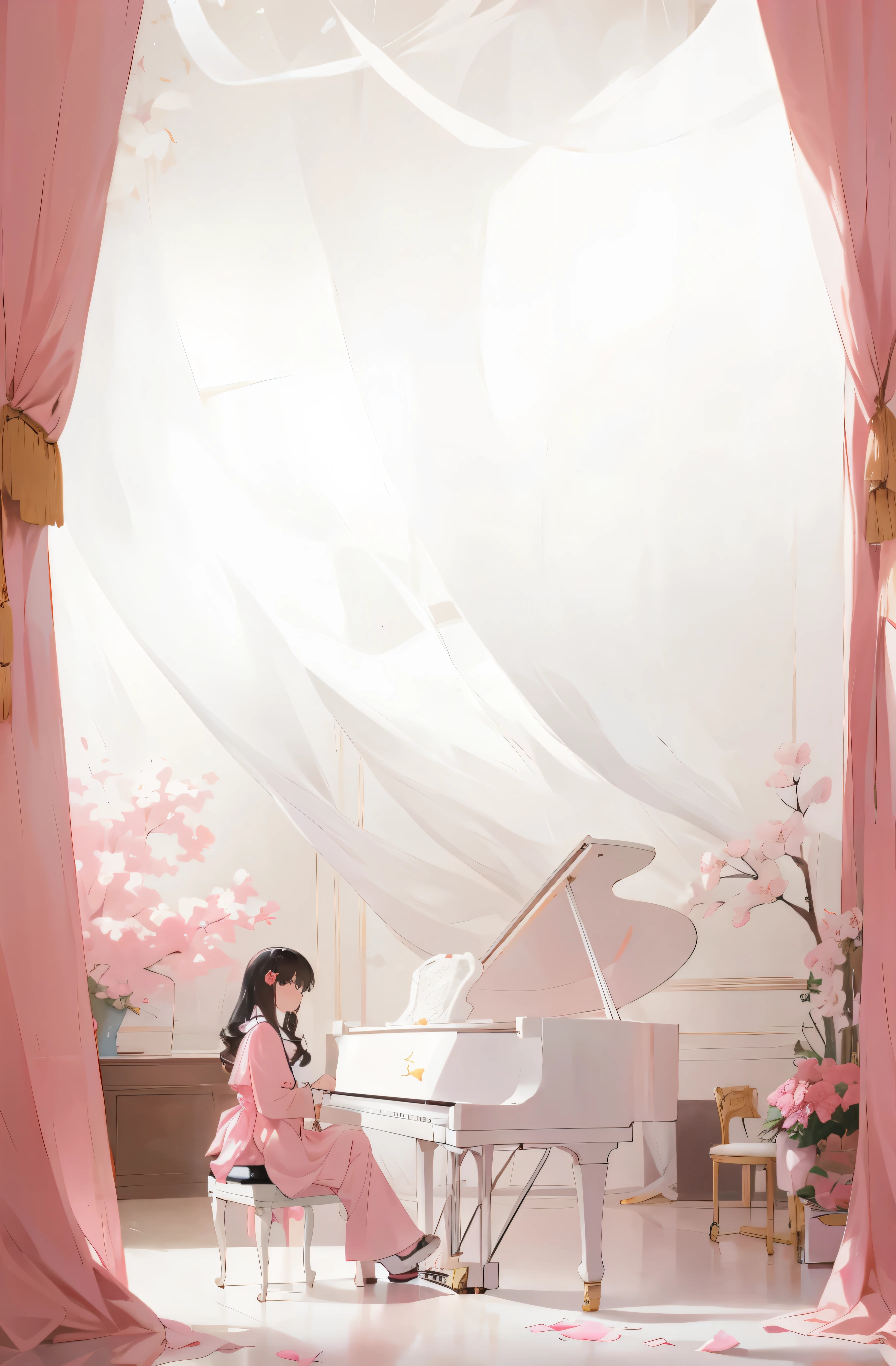 araffe sitting at a white piano in a pink room, piano家,演奏piano, piano, korean artist, grand piano, in white room, piano in the background, full piano, only, musician, Award-winning works, in a room, With natural light as background, Tiffany, pink room brightly lit, propaganda art, pianos, ,HD details,top quality,Hayao Miyazaki style,many details,Publicity photo