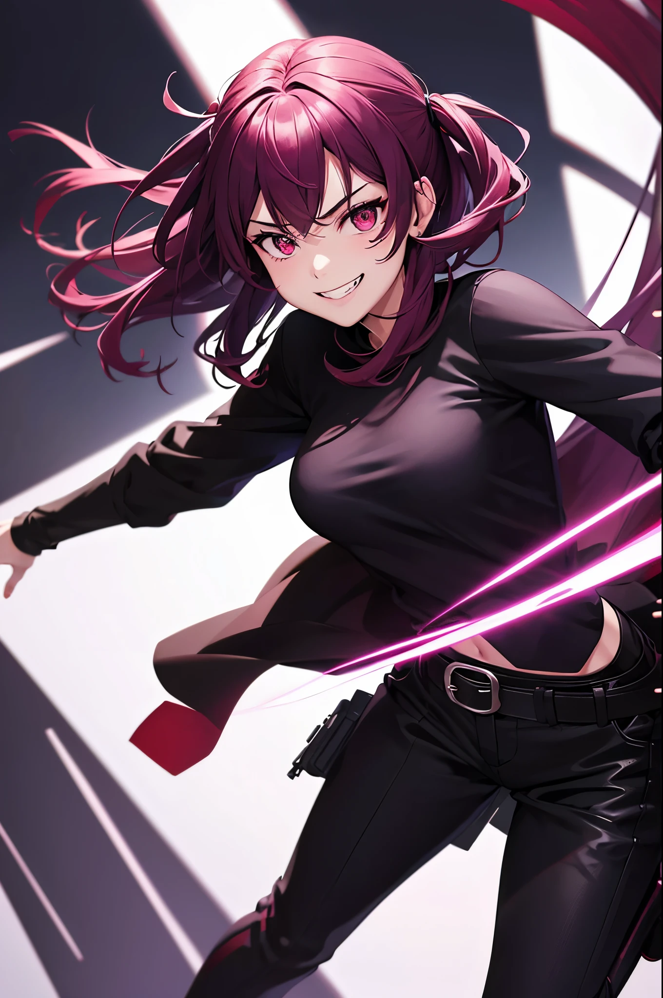 ((solo)), sharp face, ager, woman, sharp eyes, grinning face, gesugao face, purplish-red eyes, purplish-red hair, black pants, black shirt, lightning, anime style
