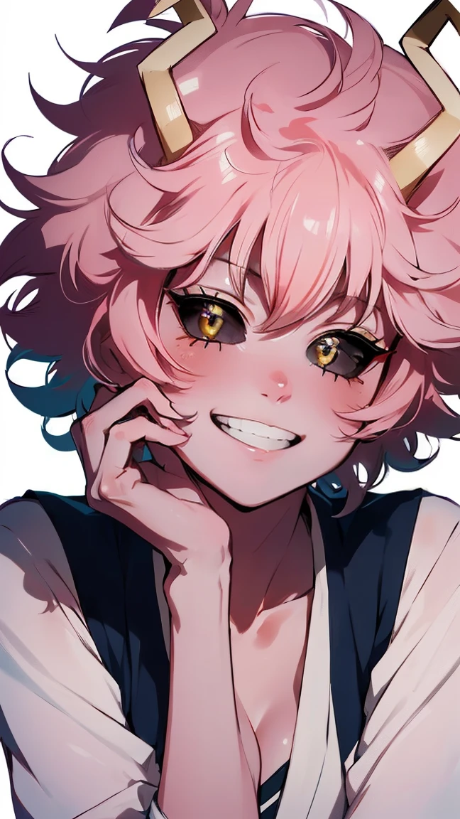 (best quality:1.3), (4k quality), 1 mature woman, Mina Ashido by boku no hero, school uniform, ((Detailed face)), (blush), whole body, large smile