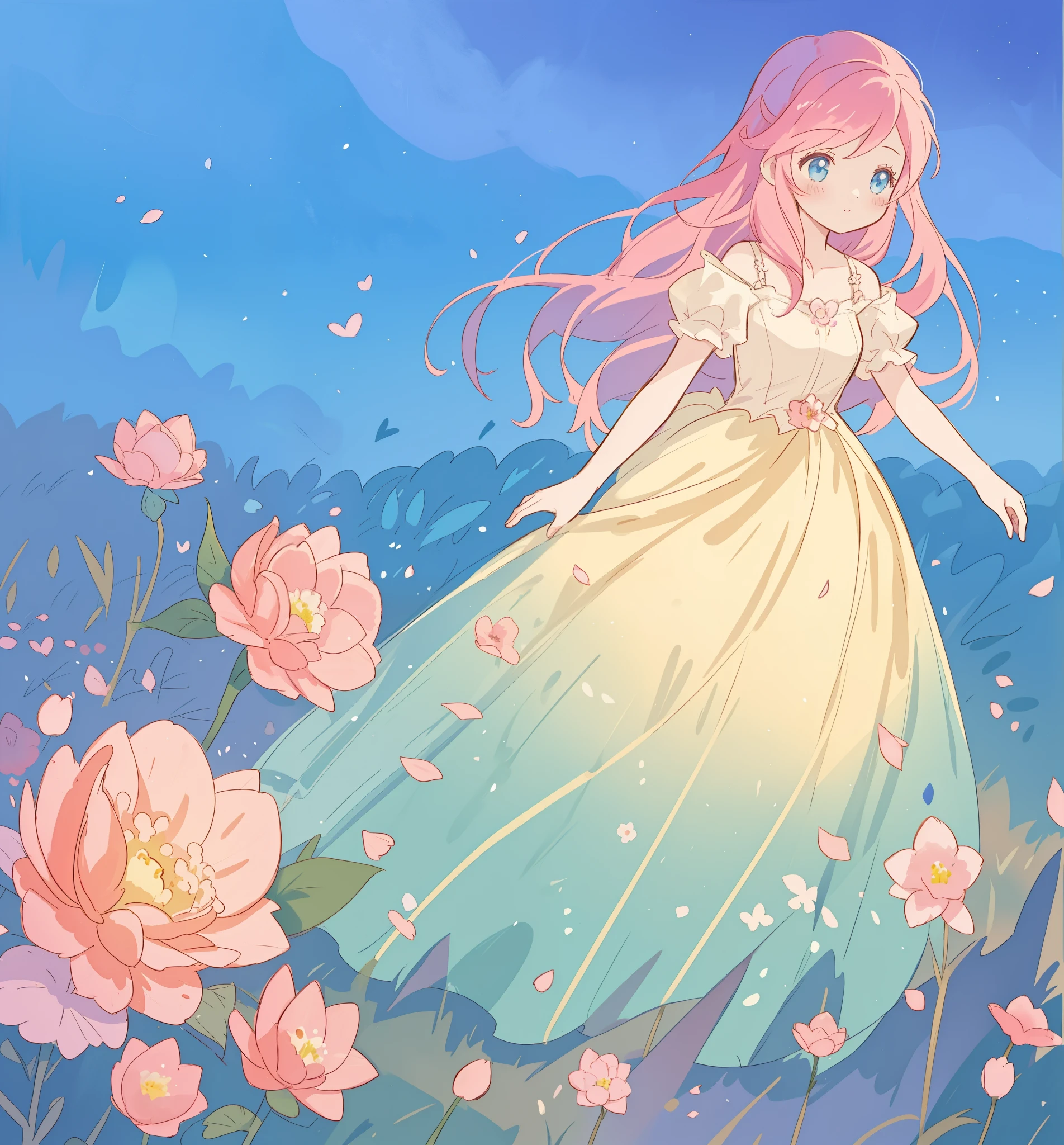 beautiful girl in puffy gradient ballgown, a field with round puffball pink flowers, otherworldly flowers, whimsical landscape, long pink flowing hair, watercolor illustration, inspired by Glen Keane, inspired by Lois van Baarle, disney art style, by Lois van Baarle, by Glen Keane, jen bartel, digital painting, beautiful digital illustration, fantasia otherworldly landscape plants flowers, beautiful, masterpiece, best quality, anime disney style