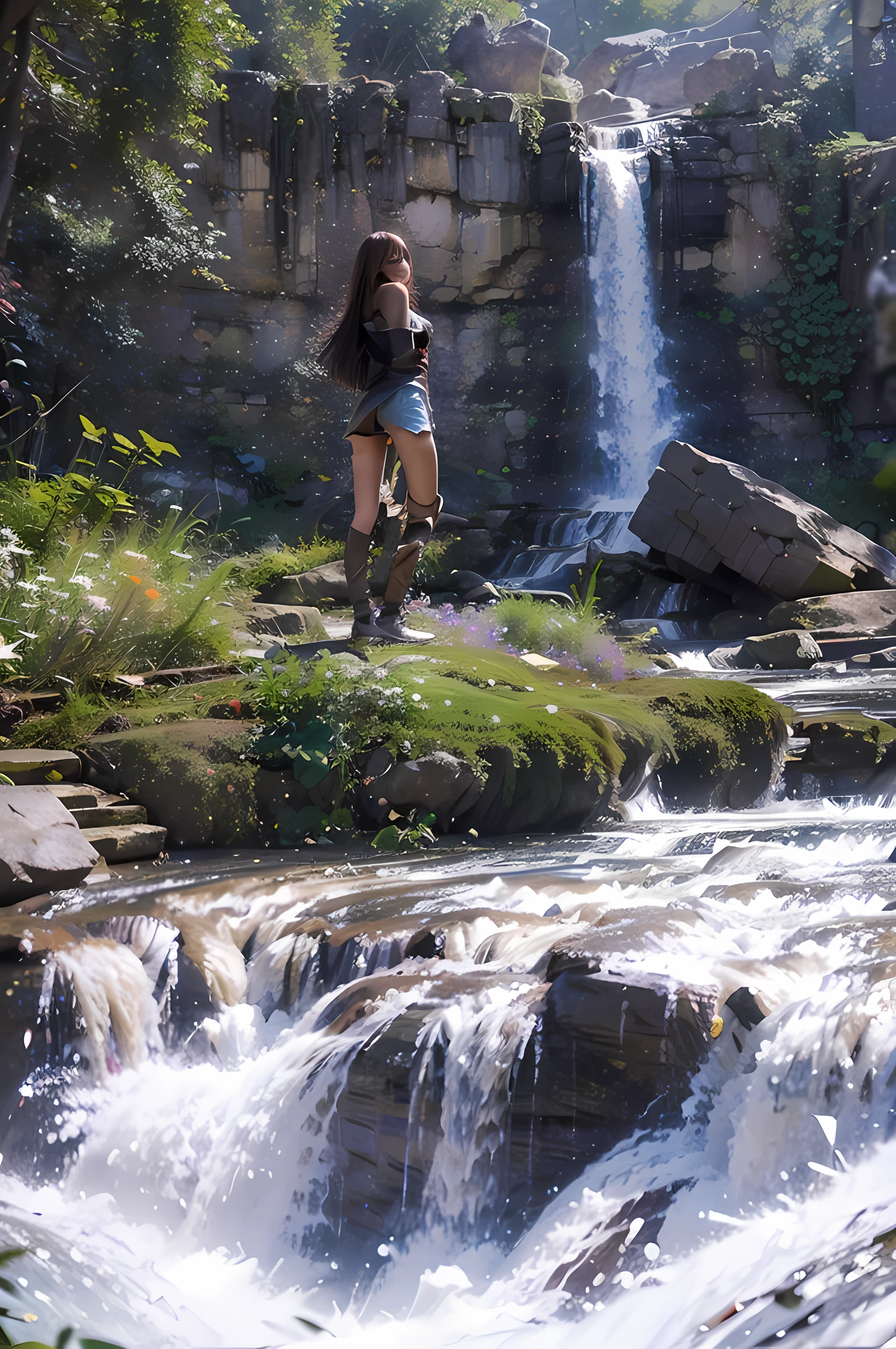 High detail, 8K, ultra HD, high quality, Anime studio, create a image relistict, best lighting , waterfall beautifull, perfect light, Daylight, Foggy blur, dreamer color , one girl, beautiful girl backparking