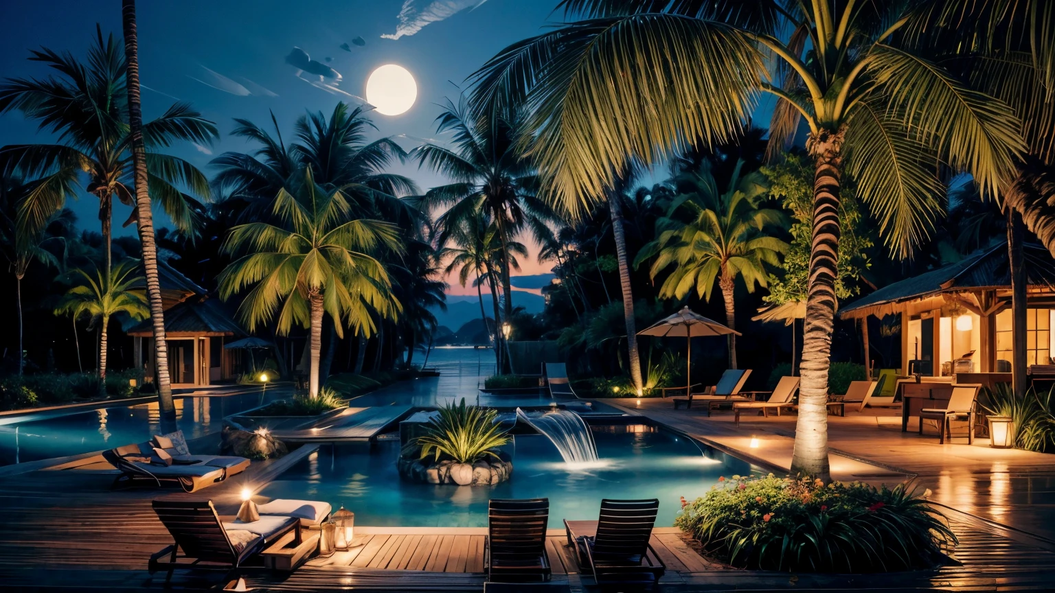 Rough resort pool with lounge chairs and palm trees々nice view, beast, screen capture, summer setting, At night設定, blog photos, Splash page, ad image, paradise, image, summer night, paradise in the background, At night, night - time, thumbnail, At night,