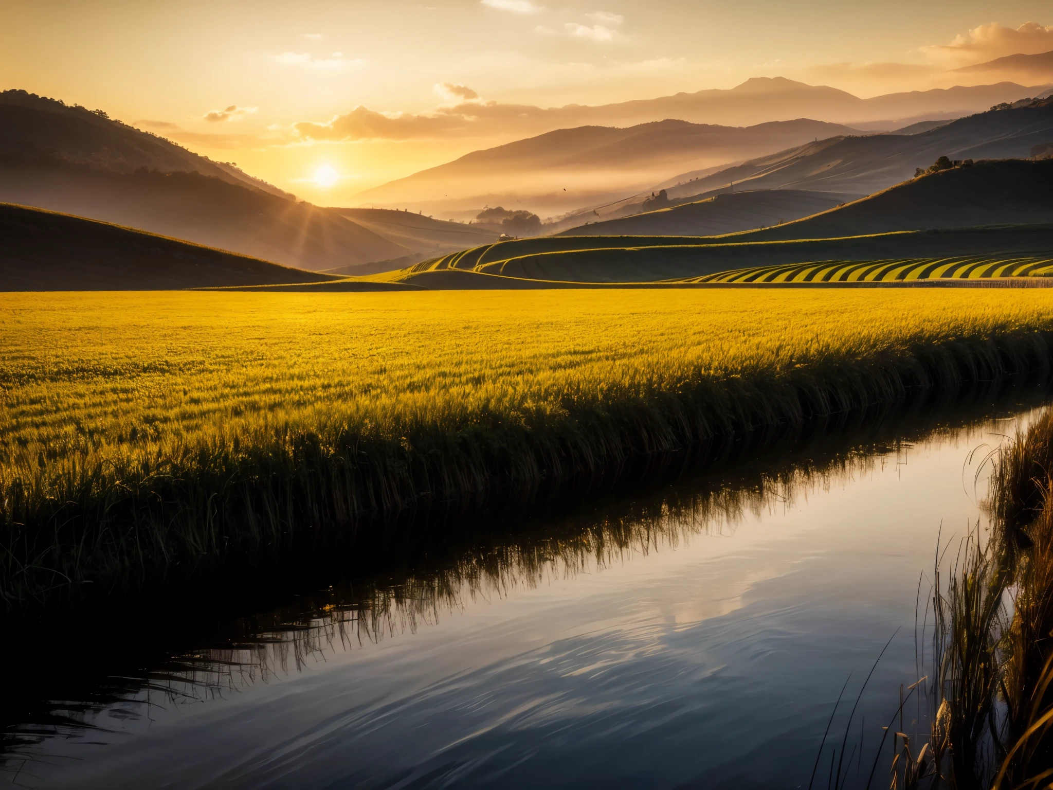 (best quality,4k,8k,highres,masterpiece:1.2),ultra-detailed,(realistic,photorealistic,photo-realistic:1.37),rice field, peaceful rural landscape, terraced fields, sunset, sky and sea, girl looking at the sun setting into the sea, autumn, rice is ripening, beautiful detailed eyes, beautiful detailed lips, extremely detailed eyes and face, long eyelashes, tranquil atmosphere, golden colors, warm sunlight, gentle breeze, serenity, glowing horizon, vibrant colors, soft silhouettes, fields stretching into the distance, stunning natural beauty, shimmering water reflections, serene rural life, flowing gradients, picturesque scenery, vast expanse of fields, tranquility, harmony with nature, melted gold, a sense of tranquility and peace, fine lines and textures, abundance of nature, bountiful harvest, a touch of nostalgia, layers of terraces, ethereal beauty, a moment of reflection.