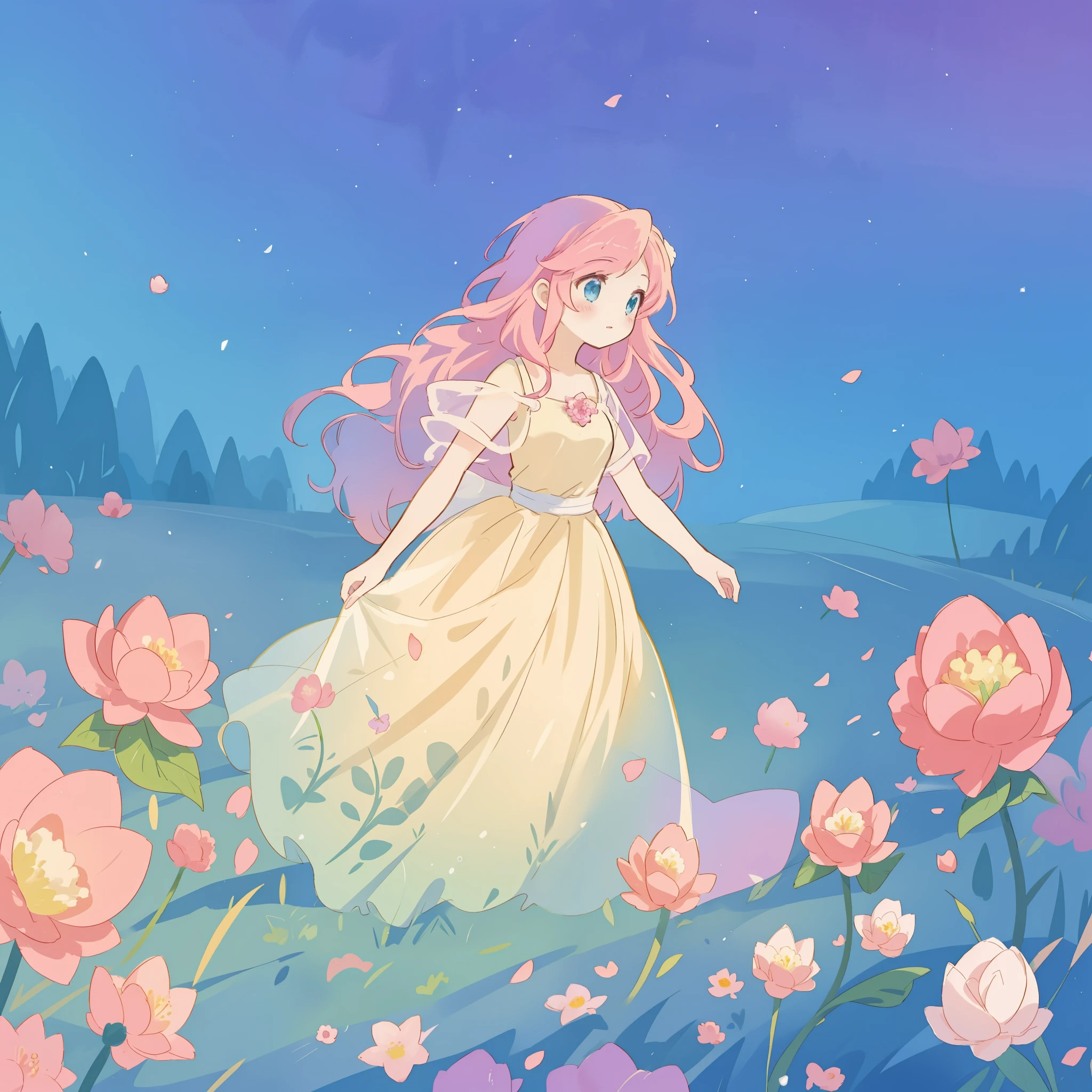 beautiful girl in puffy gradient ballgown, a field with round puffball pink flowers, otherworldly flowers, whimsical landscape, long pink flowing hair, watercolor illustration, inspired by Glen Keane, inspired by Lois van Baarle, disney art style, by Lois van Baarle, by Glen Keane, jen bartel, digital painting, beautiful digital illustration, fantasia otherworldly landscape plants flowers, beautiful, masterpiece, best quality, anime disney style