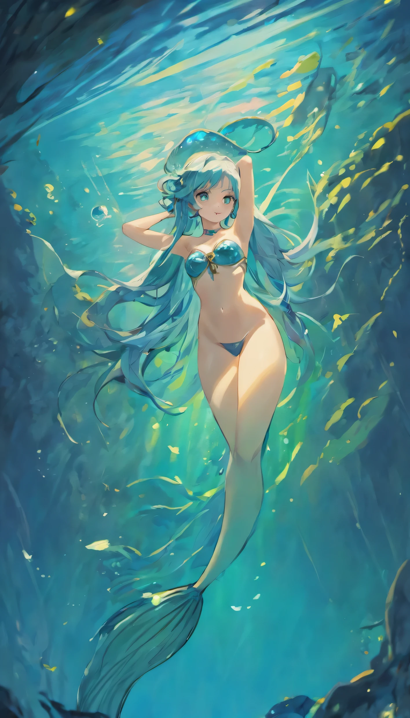 mermaid, with tails, long tail,beautiful girl,full body, glowing blue eyes, long blue hair, perfect, well detailed, well defined, ultra realistic, cinematic,neutral background, 8k.