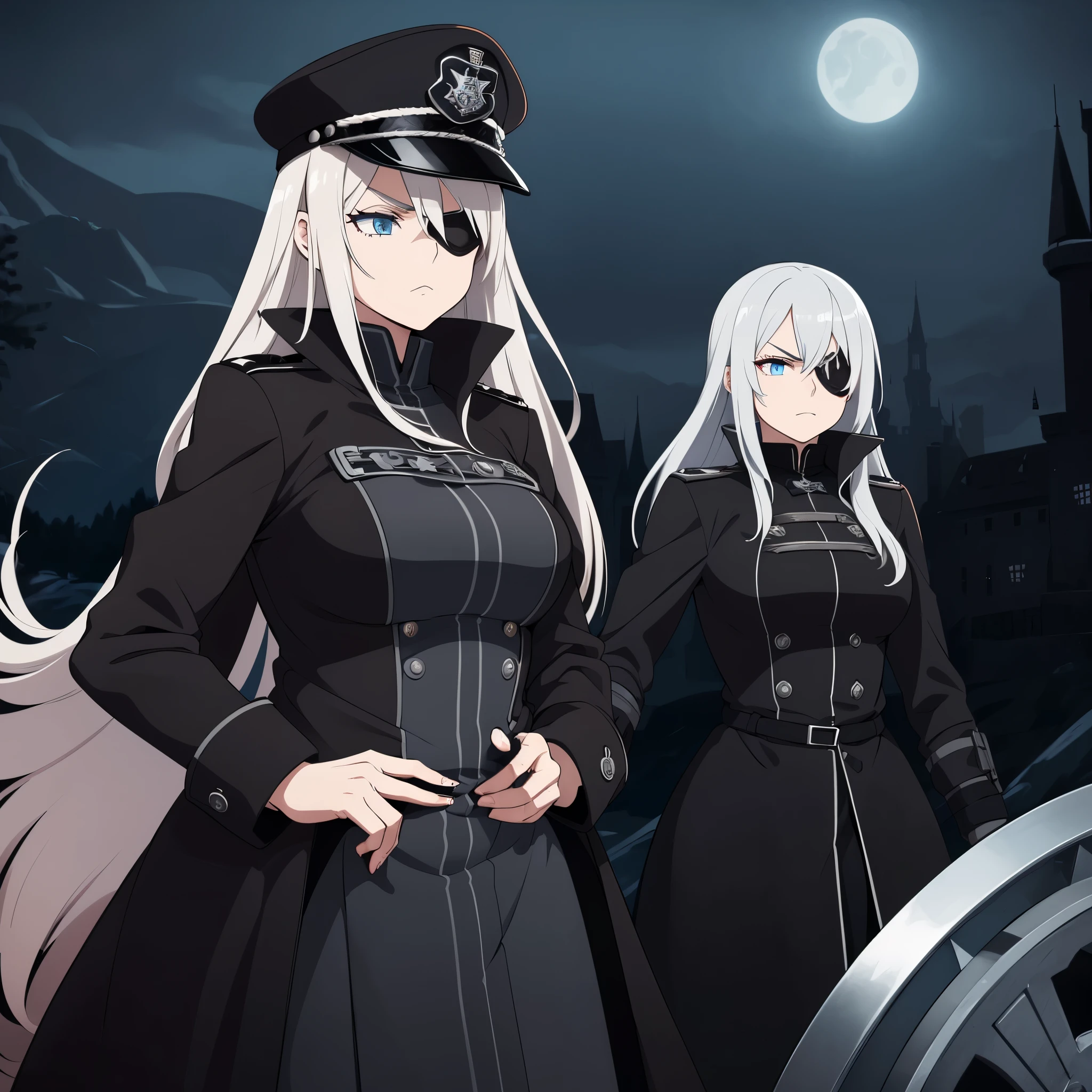 A woman, with silver hair with a reddish tone, light blue eyes, an eye patch, wearing a long black gothic coat with a slightly reddish tone, with iron cross symbols on the silver coat, black officer's hat with dress detail, with a iron cross, jump with iron cross detail, in a nordic castle at night, serious face.
