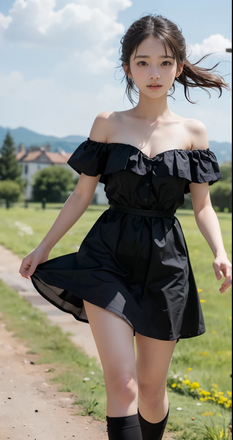 medieval europe castle town、with a girl:her hair is black and short、、small face、Moist eyes、light smile、natural makeup、((Look straight at your audience))、Her face is round and cute、(My face and dress are blowing in the wind)、white sandal shoes、There is a ribbon on the ankle、(running in the meadow with a girl:1.3)、scene:There is a beautiful scene castle in the background.、cloudy sky、rain、medieval europe castle town、harry potter story world、The scene is softly painted like a watercolor painting.、It's a fantastic atmosphere。The scene expresses the imagination and sensibility of the girl、Pubic hair shows completely naked pubic hair) ,more_become familiar with:1.5, (More and more_become familiar with:1.9)、(((off shoulder、Folk costume style dress with cute ruffles on the shoulders)))、