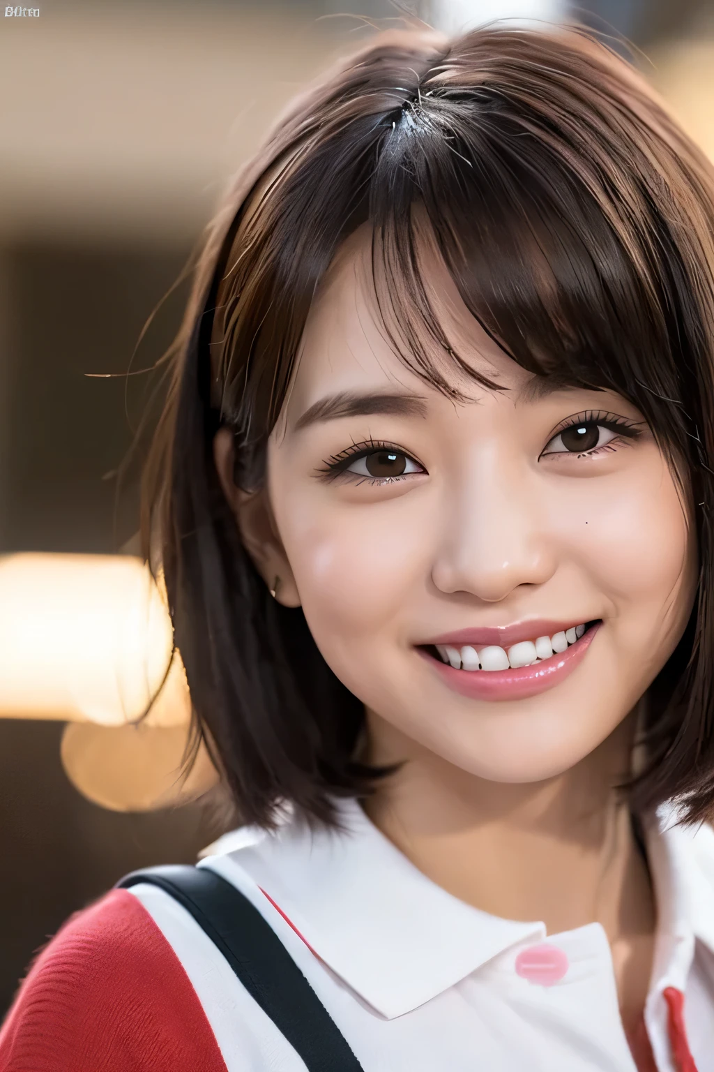(8k, RAW photo, highest quality, High resolution: 1.1), (ultra-realistic: 1.4), (realistic, photorealistic: 1.3), soft light, big, girl, realistic faces, realistic bodies, realistic skin, confused, masterpiece, (cute: 1.8), cuties, alone, (big: 1.2), fine black eyes, innocent eyes, cheek, (polo shirt: 1.2), cinema light, film grain, (((short bob hair: 1.1)), cherry color lip, close, look viewer, Upper body, open lips, upper teeth, (smiling eyes: 0.6), ((grin and laugh: 1.2)), written boundary depth, blurred background, focus of the eye, Bokeh, young, 85mm lens, f/1.4, professional lighting, young, portrait, photon mapping, radio city, Physically based rendering