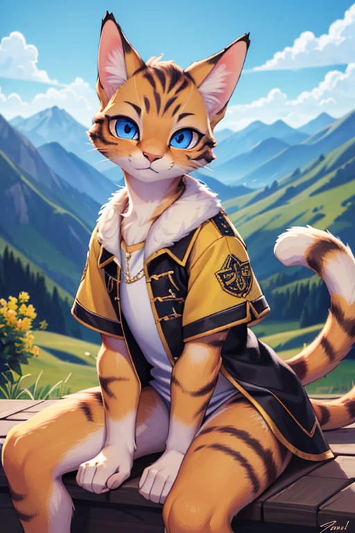 (best quality,4k,8k,highres,masterpiece:1.2),ultra-detailed,realistic:1.37,chico (boy),gato (cat) with long and tousled fur, young,Joven, in the mountains (in the mountains) con ropa cool (with cool clothes), ojos azules (blue eyes), un cuadro (a painting) de gran detalle (with great detail), pelaje amarillo (yellow fur), pelaje realista (realistic fur) y detallado (and detailed).